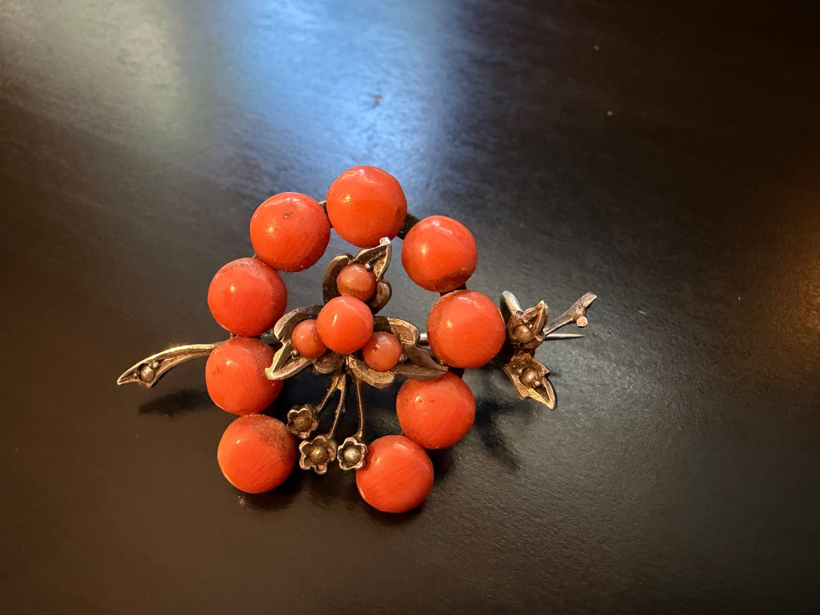 Antique Victorian Coral Honeymoon Brooch, 800 Silver, Germany 1890s Antique Victorian Coral Honeymoon Brooch, 800 Silver, Germany 1890s