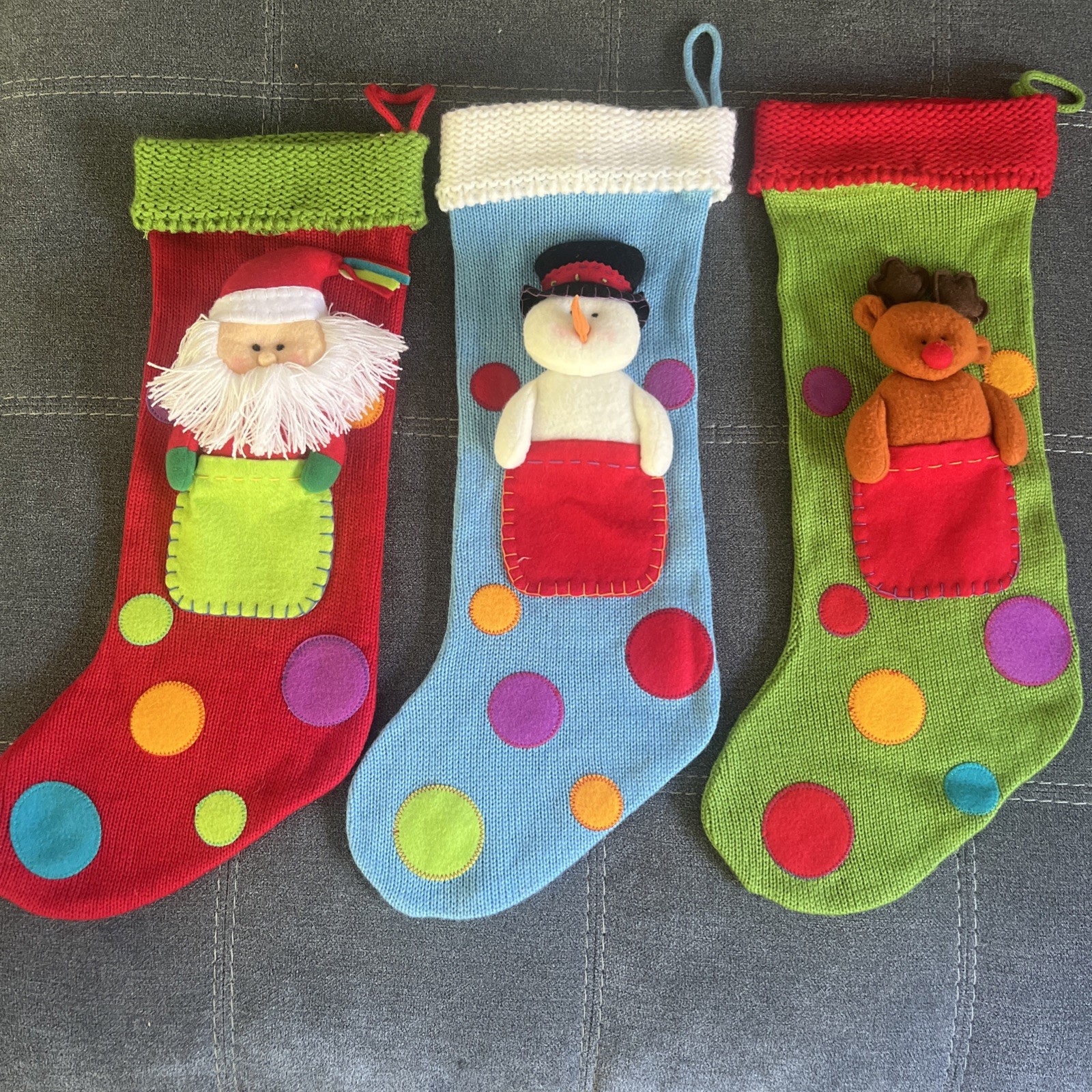 Vintage Russ Berrie Knit Christmas Stockings (3) Santa Reindeer Snowman 20” Vintage Russ Berrie Knit Christmas Stockings (3) Santa Reindeer Snowman 20”