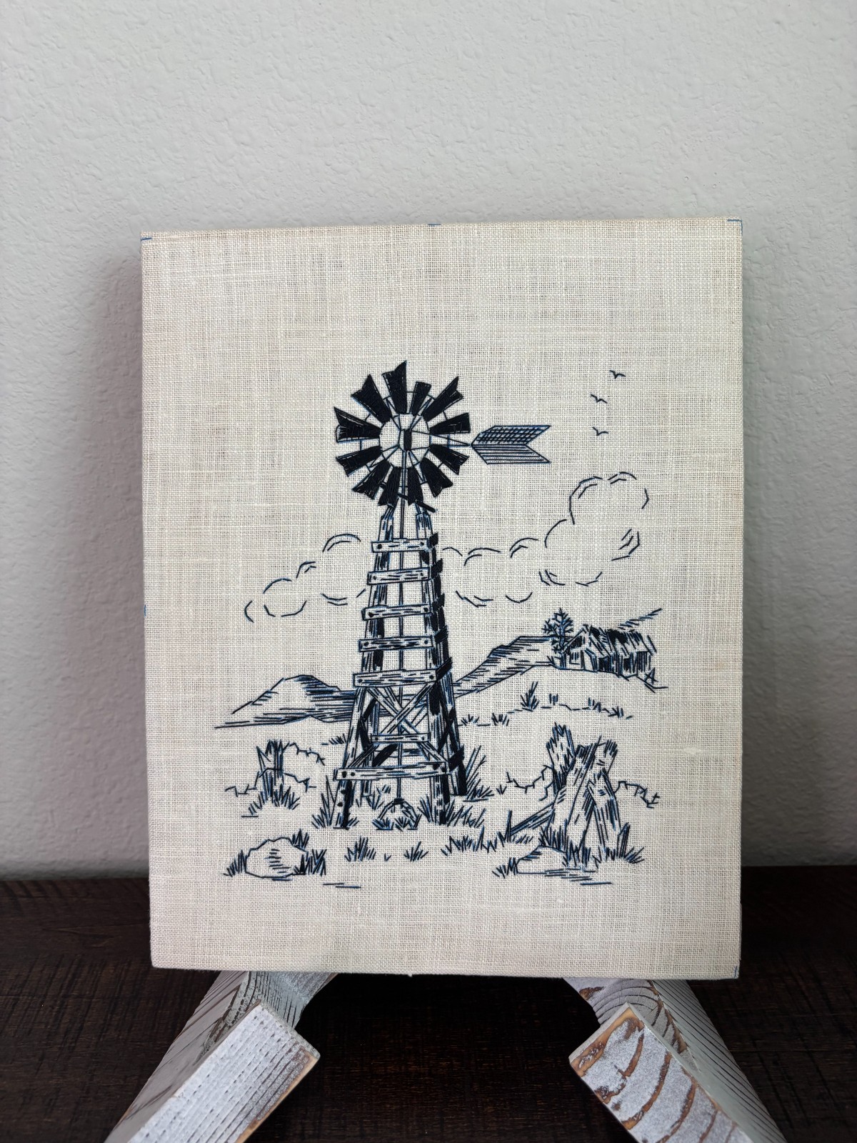 Vintage Windmill Crewel Embroidery Panel Handmade Country Farmhouse Needlework Vintage Windmill Crewel Embroidery Panel Handmade Country Farmhouse Needlework