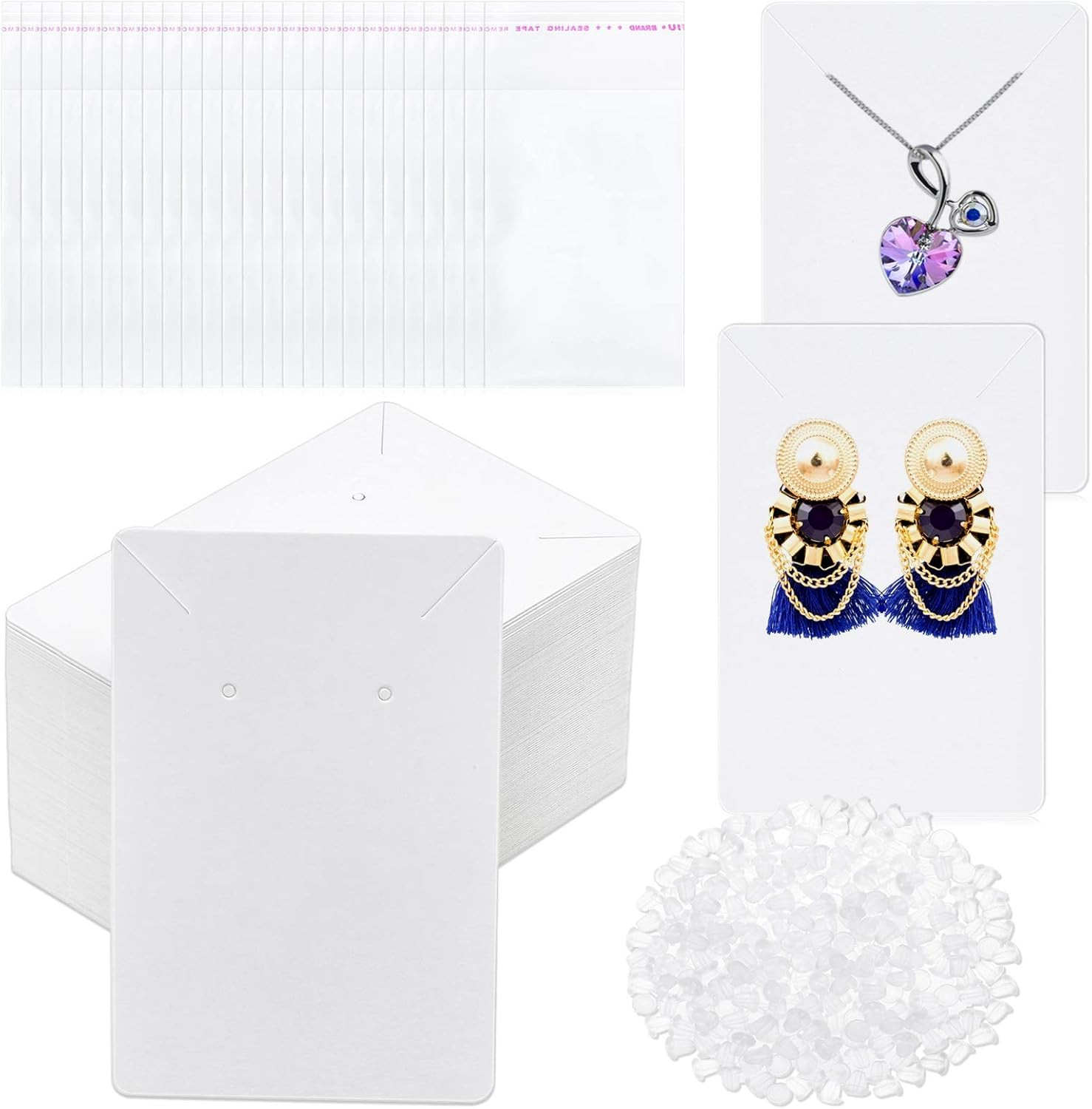 Anezus White Earring Packaging Kit - 400 Pcs with Display Cards, Self-Sealing Ba