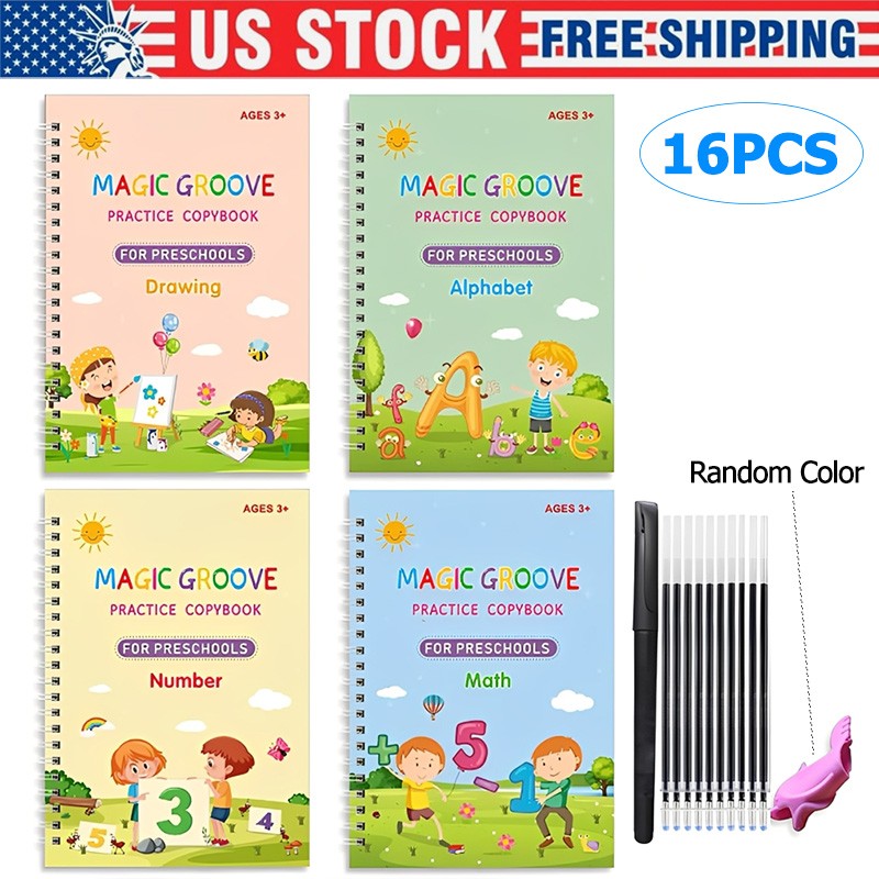 16Pcs Grooved Magic Practice Copybook Set Boys Girls Handwriting Book Practice
