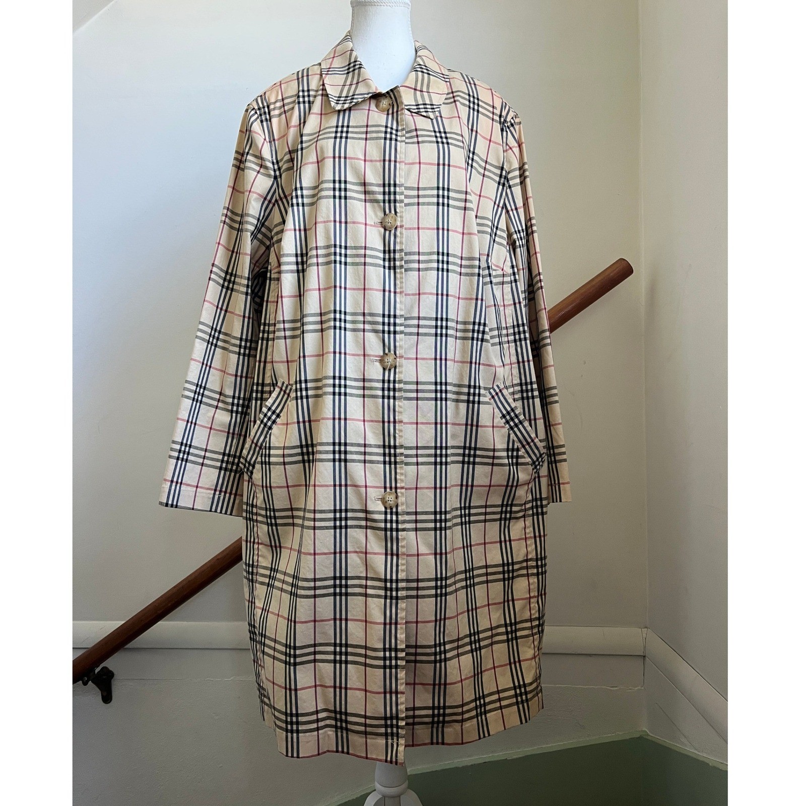 Vintage Hana by Tamotsu Trench Coat Tan Nova Check Plaid Button Front Jacket XL