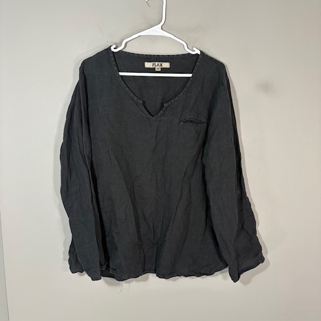 Flax Blouse Womens M Gray 100% Linen V Neck Long Sleeve Pullover Casual Top