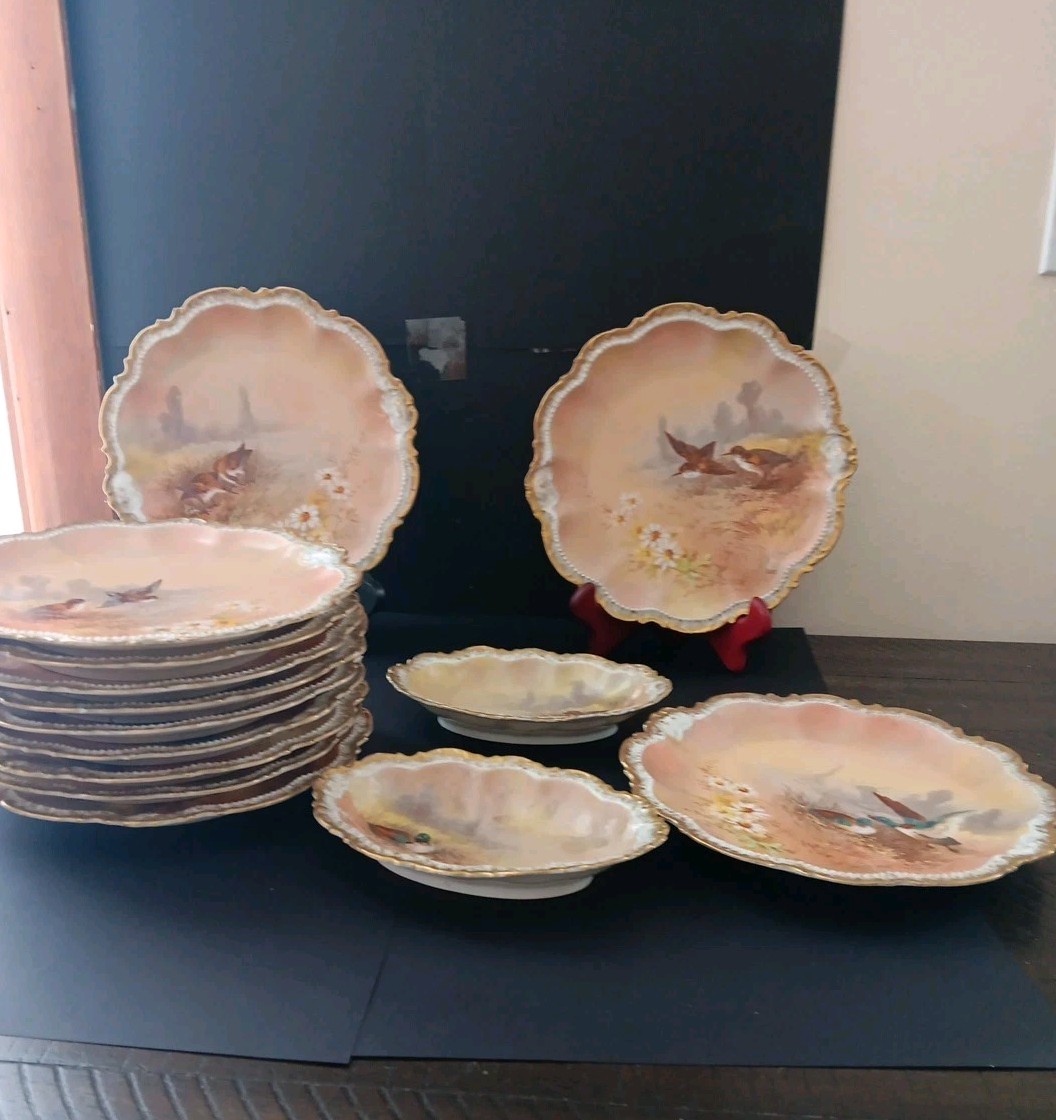  11 Antique 1906 Limoge Game Plate Set Coronet Signed LUC Sauce Bowls HP
