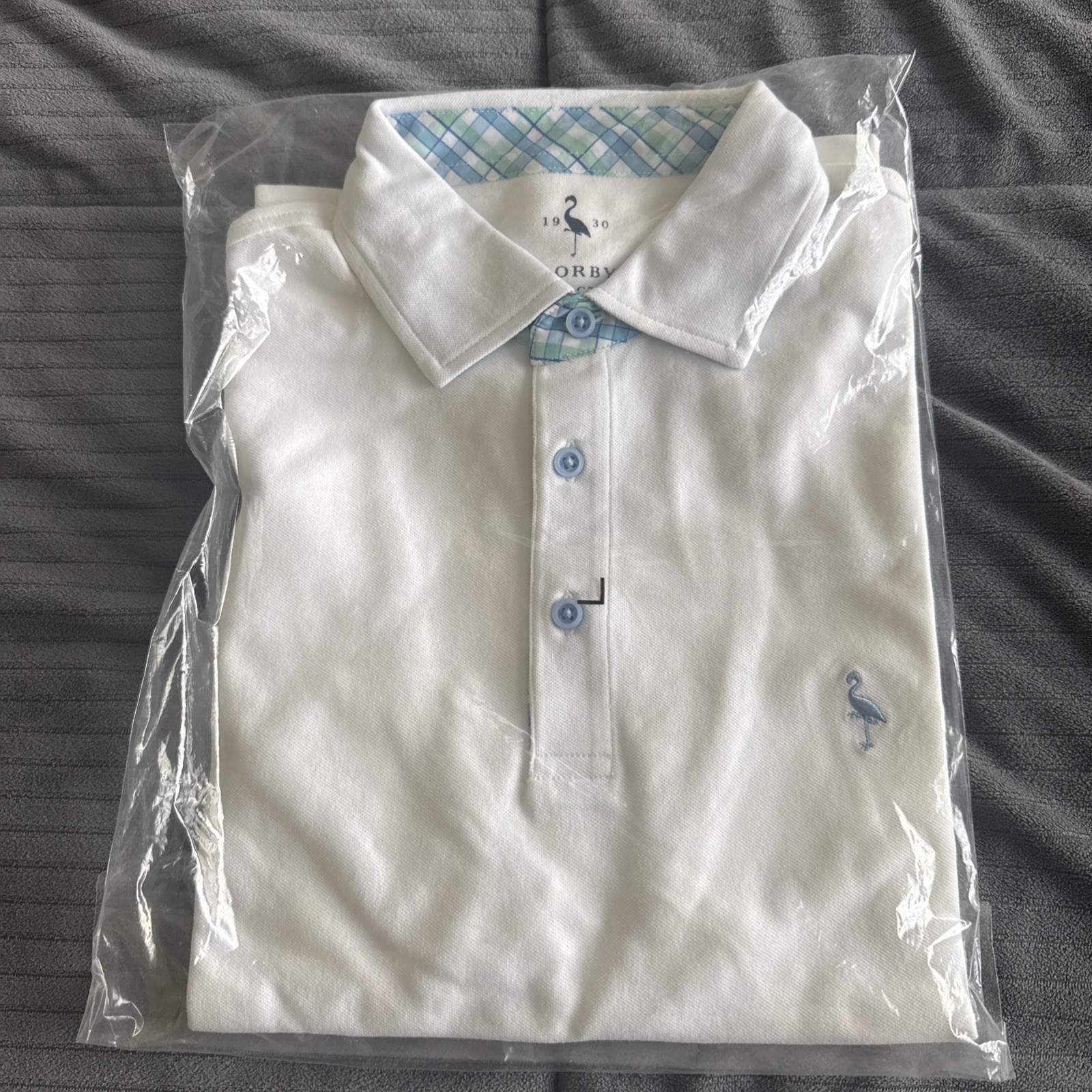 Tailorbyrd Men\'s Polo Shirt White Blue Trim with Flamingo Logo Size M 20x26.5 Tailorbyrd Men\'s Polo Shirt White Blue Trim with Flamingo Logo Size M 20x26.5
