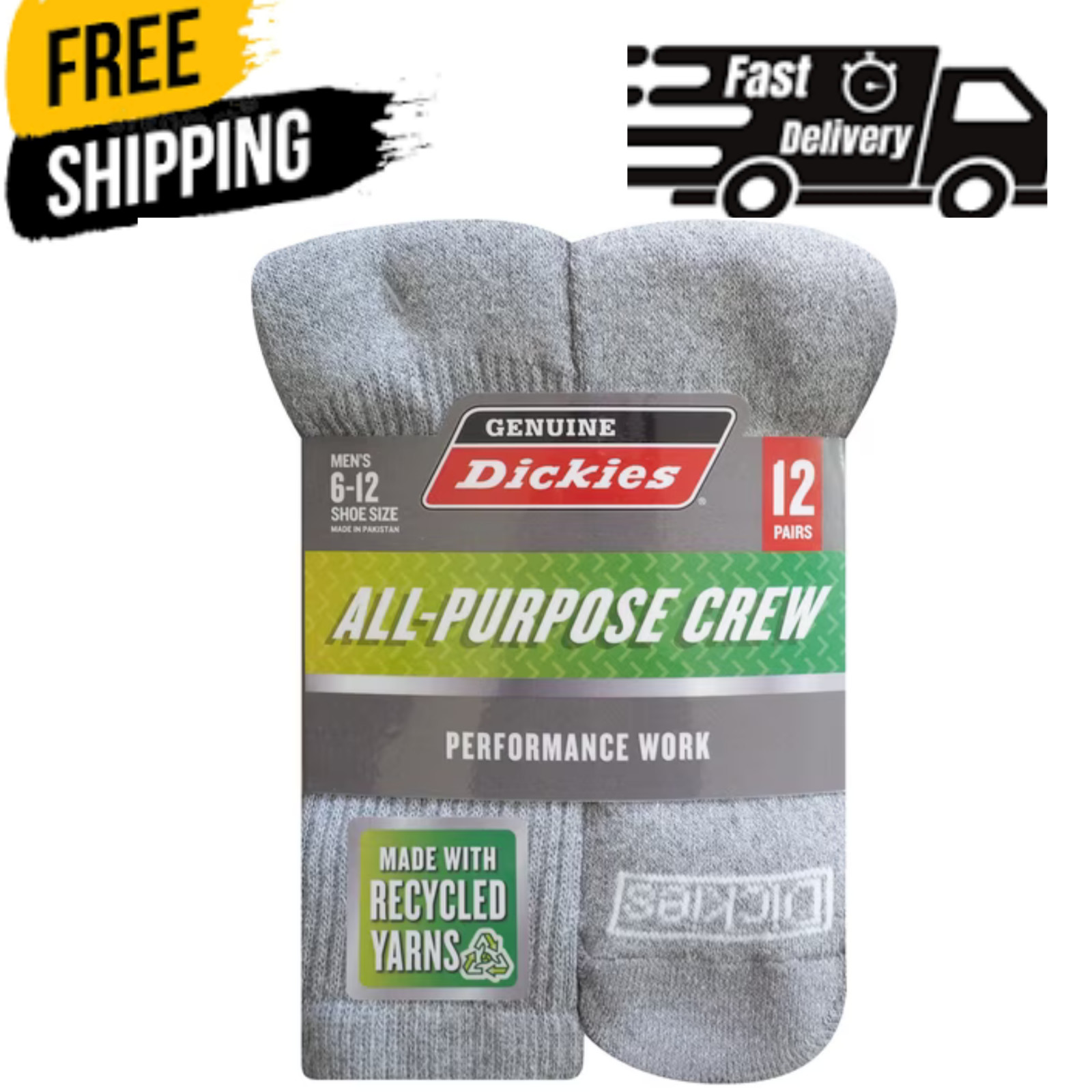Genuine Dickies Men\'s Value Work Crew Sock, 12 Pack Lt Grey Size 6-12
