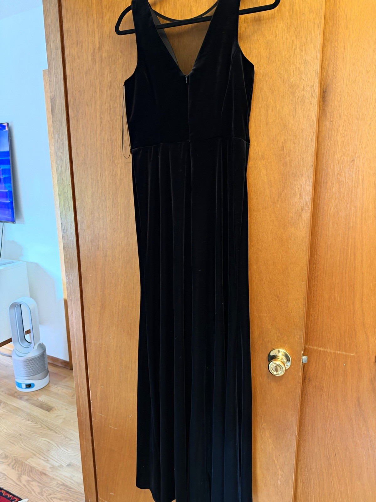 NW Nightway Black Velvet Maxi Dress V-Neck Sleeveless Mesh Slit Zip Women 10