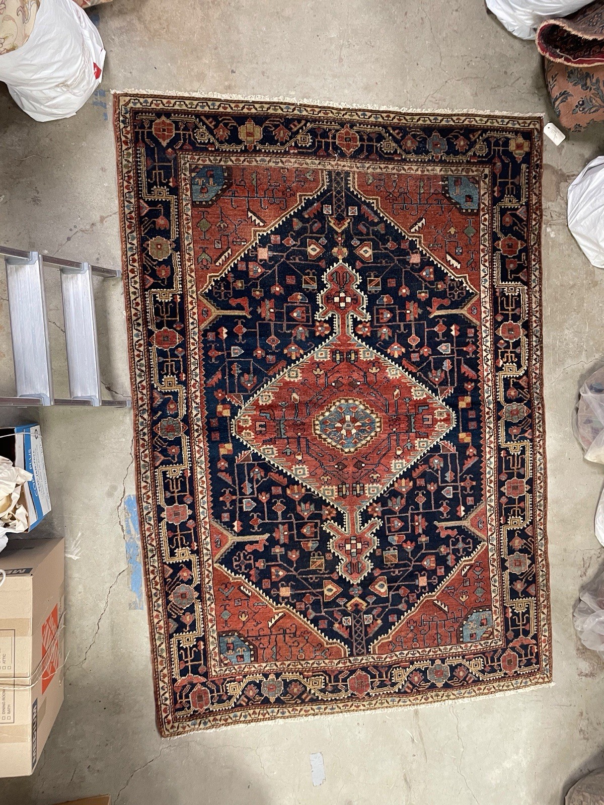 Antique Malayer Rug 6’10” X 4’10” Circa 1900 Navy Rust Medallion Hand Knotted