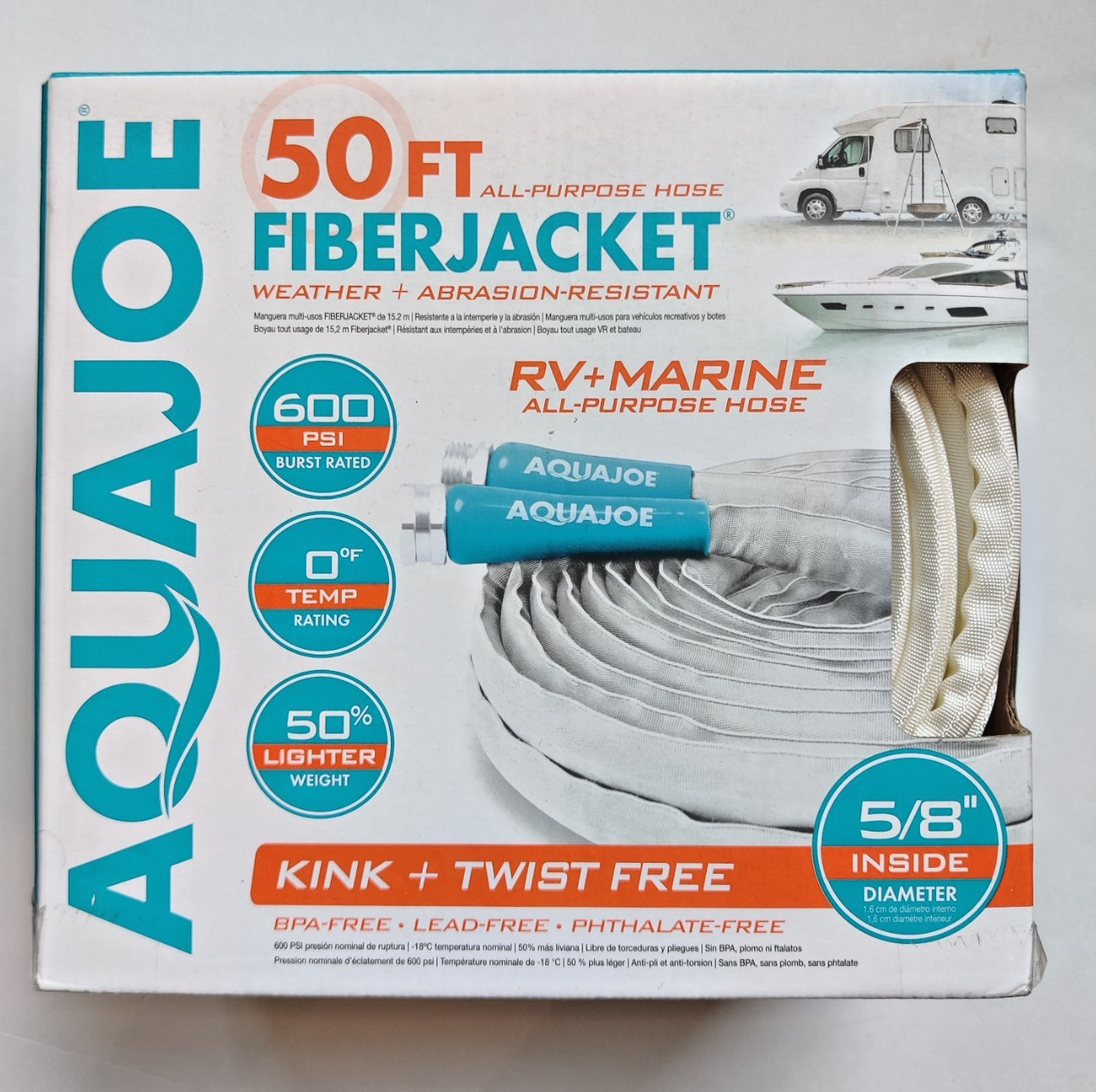 Aqua Joe RV Water Hose, Fiber Jacket, 50 Ft Heavy-Duty, Expandable - White New Aqua Joe RV Water Hose, Fiber Jacket, 50 Ft Heavy-Duty, Expandable - White New