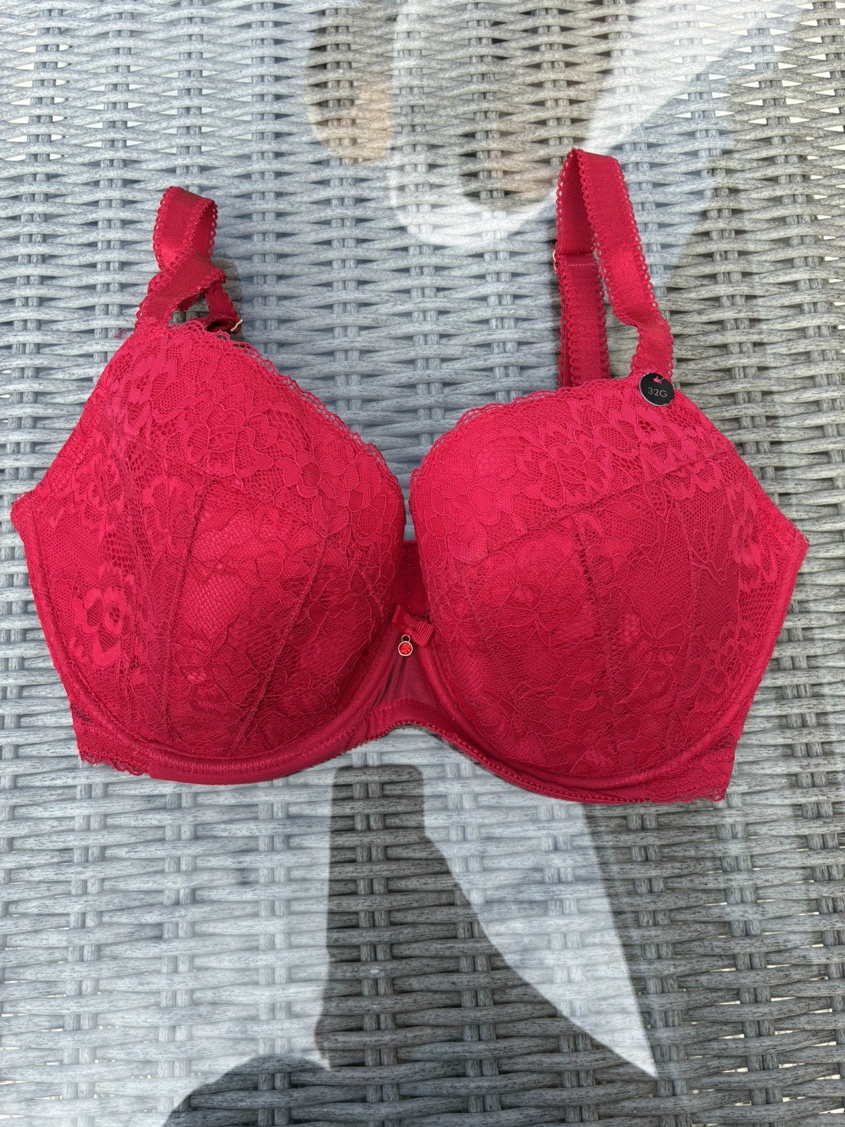 Ann Summers Bra 32G Red Pink Floral Lace Padded Underwired Plunge Lingerie