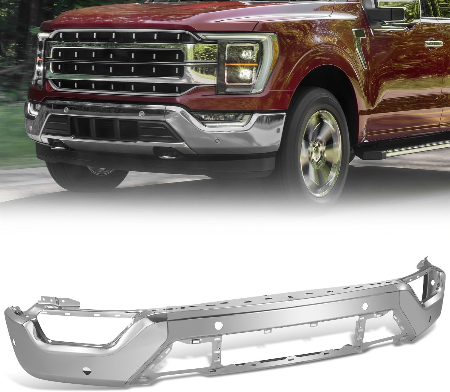 Chrome Steel Front Bumper Face Bar For 2021-2023 Ford F-150 F150 W/Sensor Holes