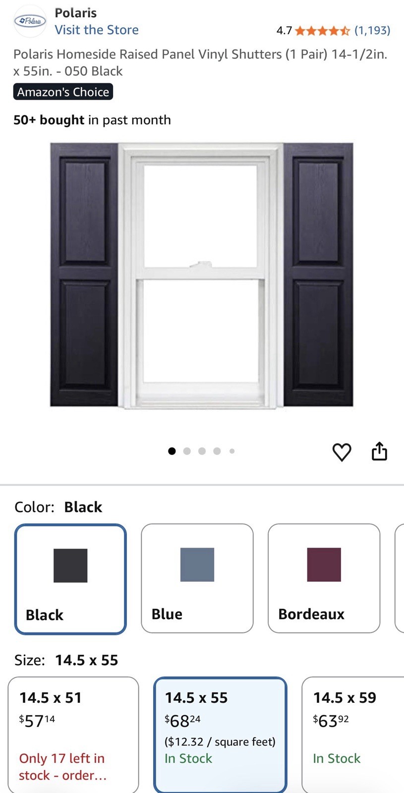Homeside Raised Panel Vinyl Shutters (1 Pair) 14-1/2in. x 55in. - 050 Black