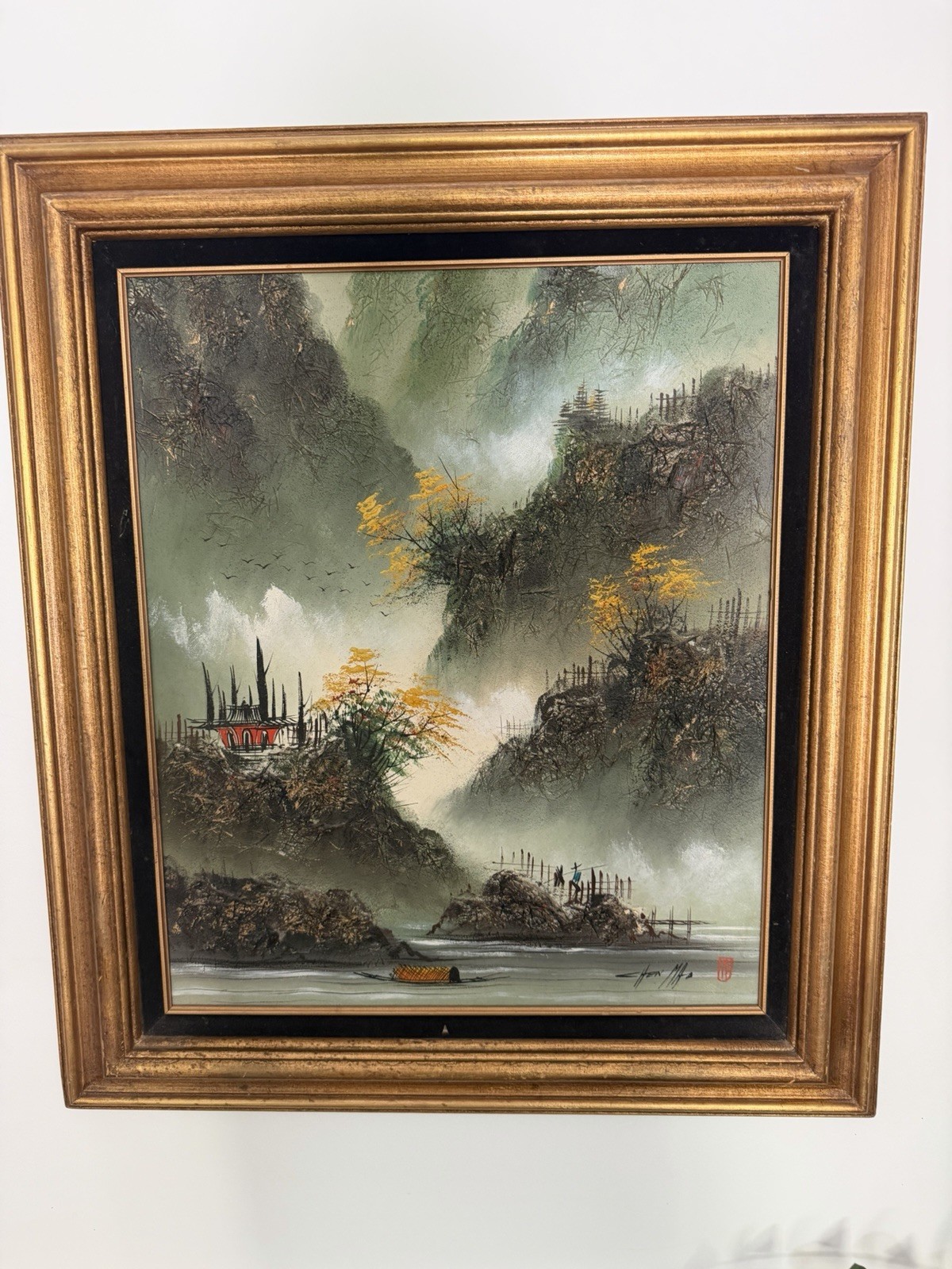 Vintage Chen Mao Signed Original Oil Painting Landscape 32x28 Faux Bamboo Frame