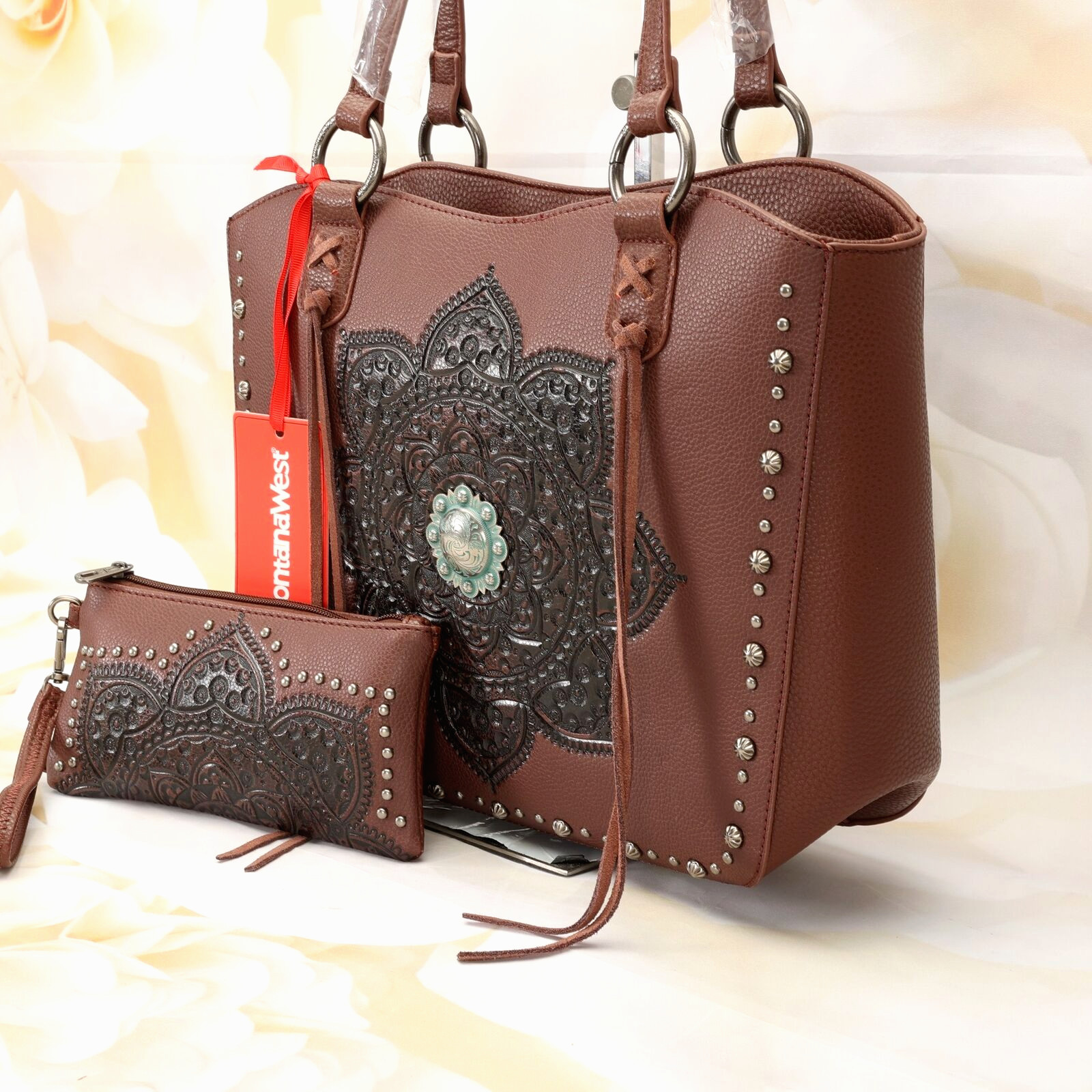 Montana West Womens Shoulder Tote Handbag Purse Med-Large Brown Leather W/Wallet
