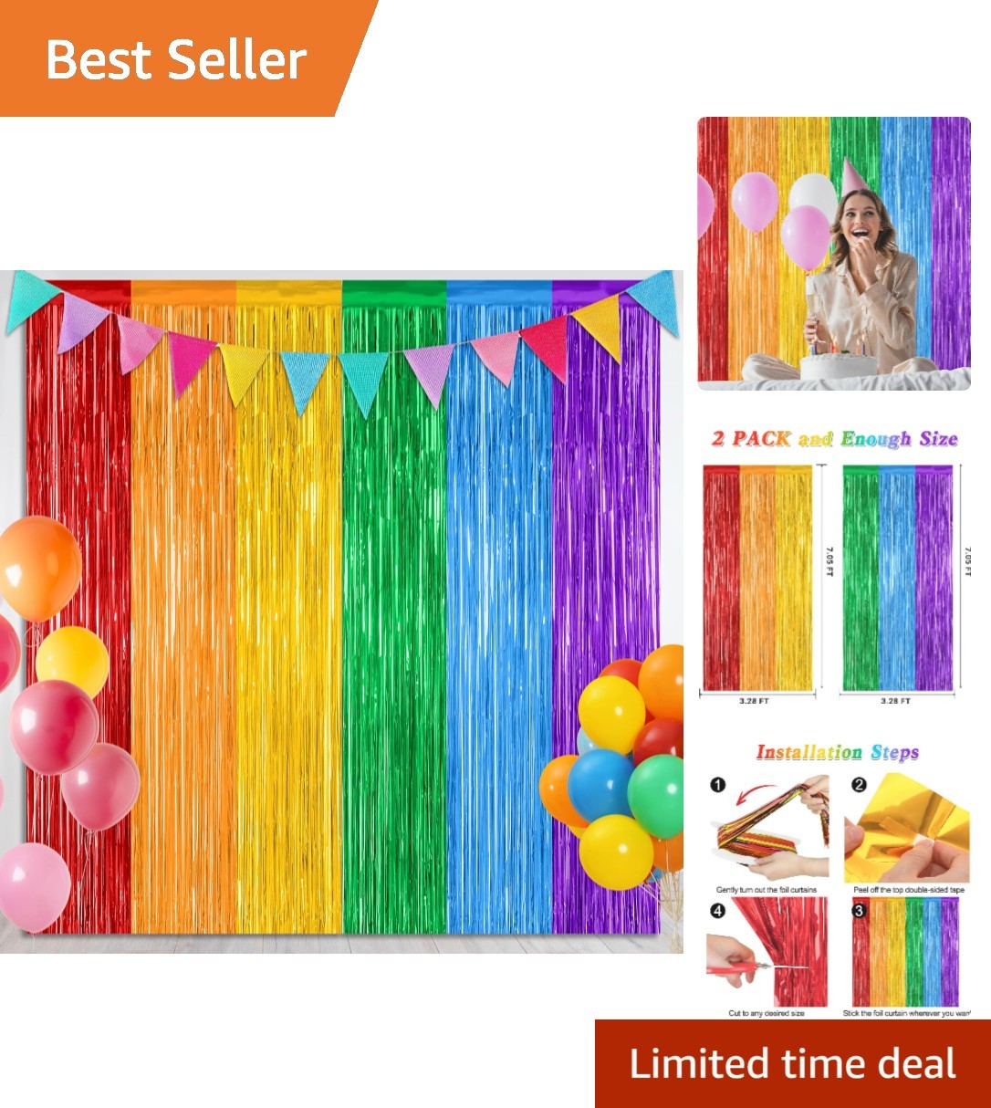 2 Pack Rainbow Backdrop Curtains, 3.28 FT x 7.05 FT Colofull Party Decoration...