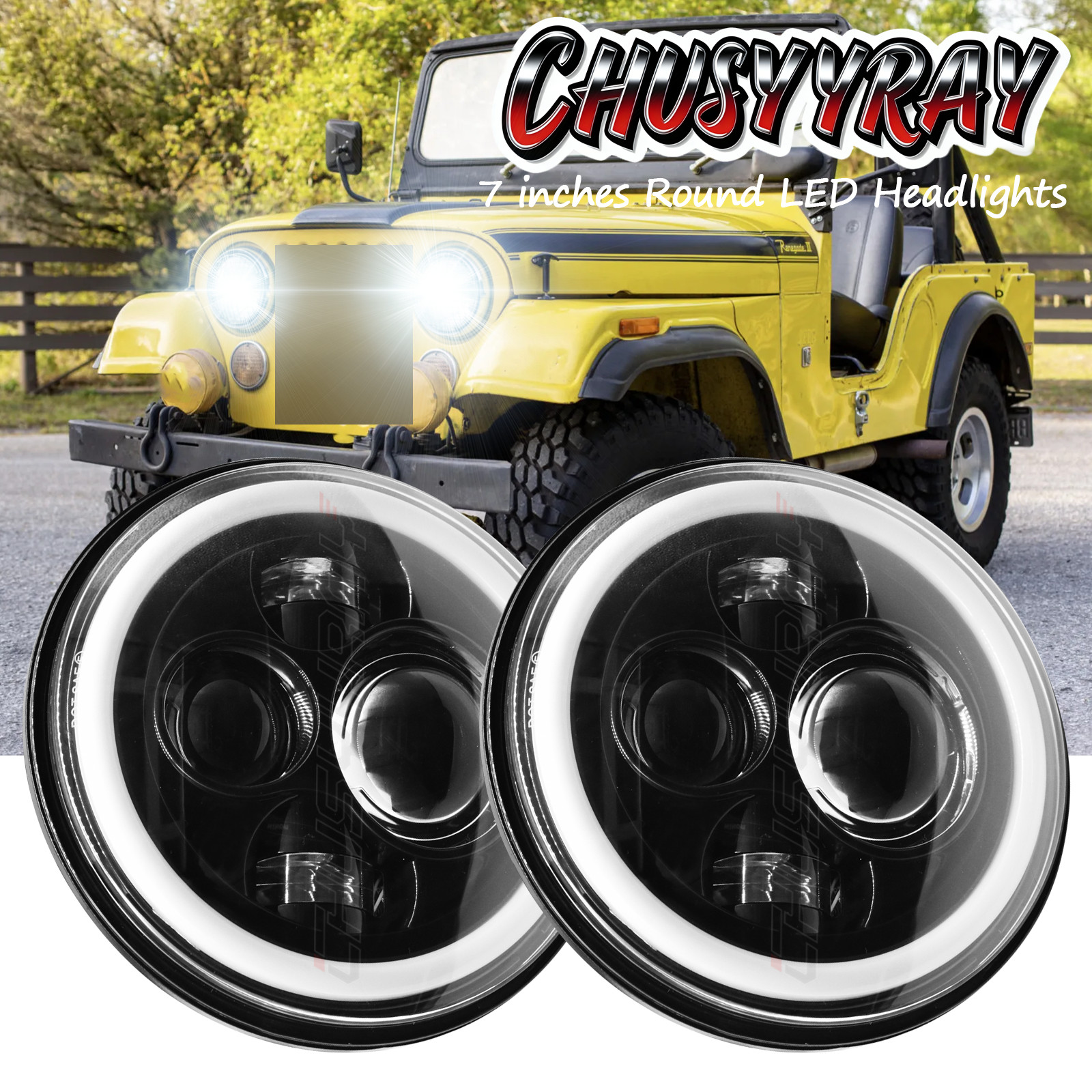 Pair 7 inch LED Headlights H4 High Low Beam For Jeep Cj-5 1955-1983