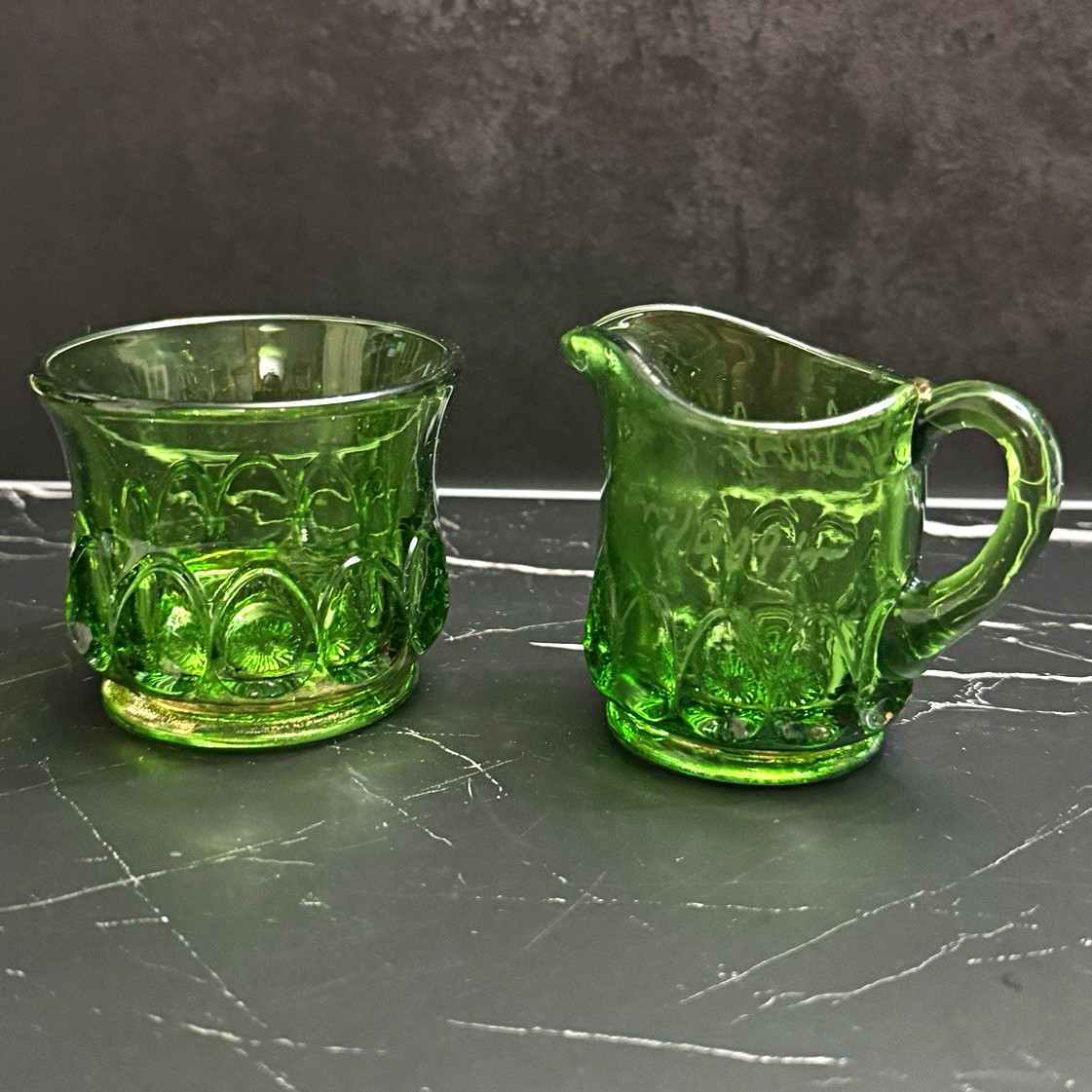 Antique 1909 EAPG Emerald Green Glass Creamer & Sugar Set – Waldorf Souvenir Antique 1909 EAPG Emerald Green Glass Creamer & Sugar Set – Waldorf Souvenir