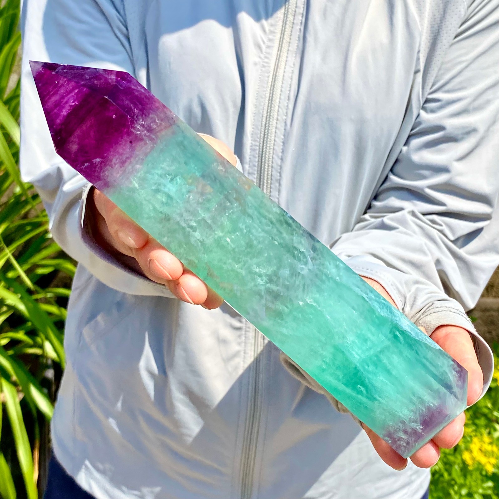2.27LB Natural Rainbow Fluorite Obelisk Quartz Crystal Wand Tower Point Healing