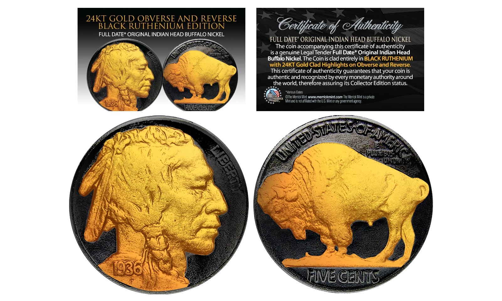 1930\'s BLACK RUTHENIUM & 24K Gold Original Indian Head Buffalo Nickel FULL DATES