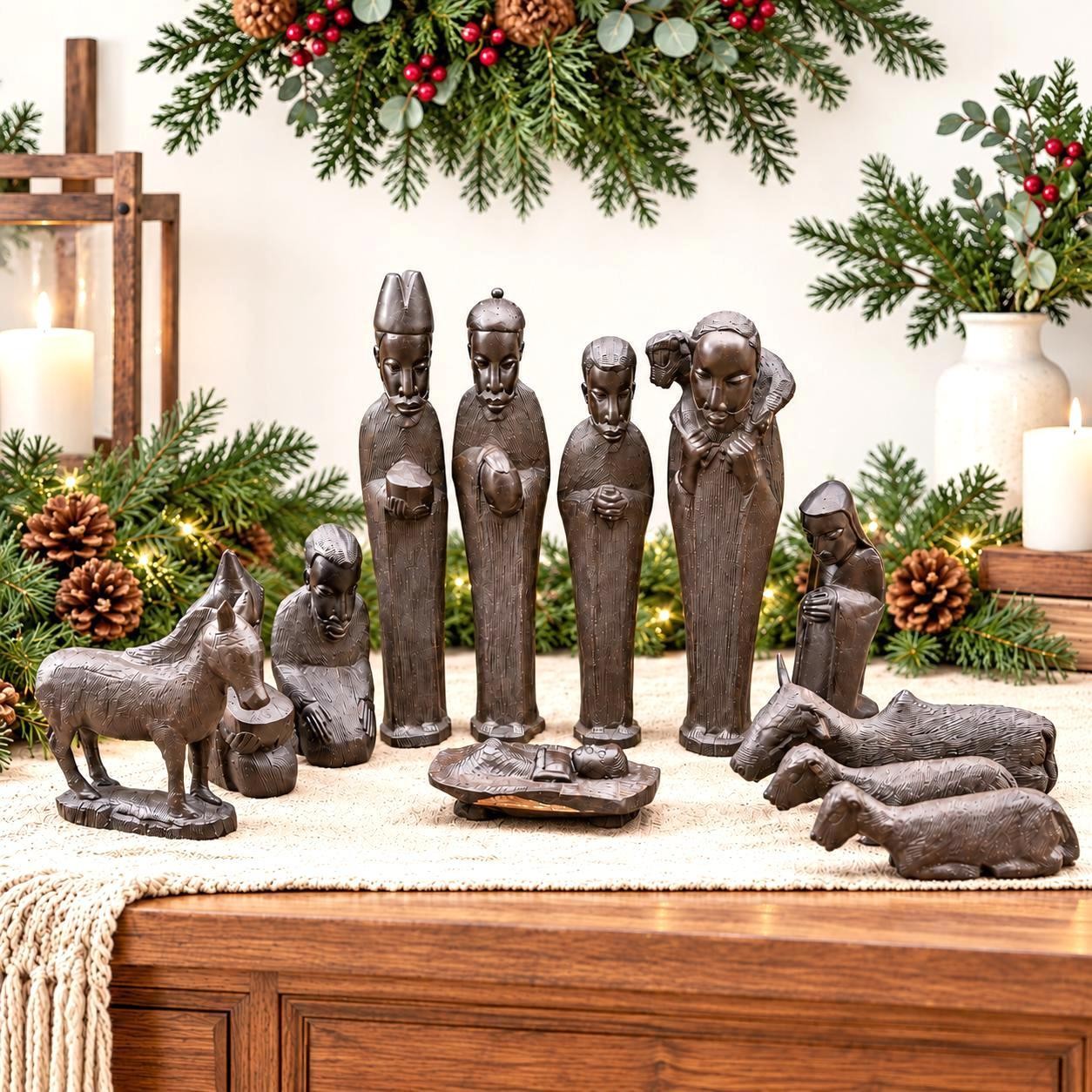 Rare 1960s African Ebony Wood 11-Piece Nativity Set, Handcarved Christmas Creche
