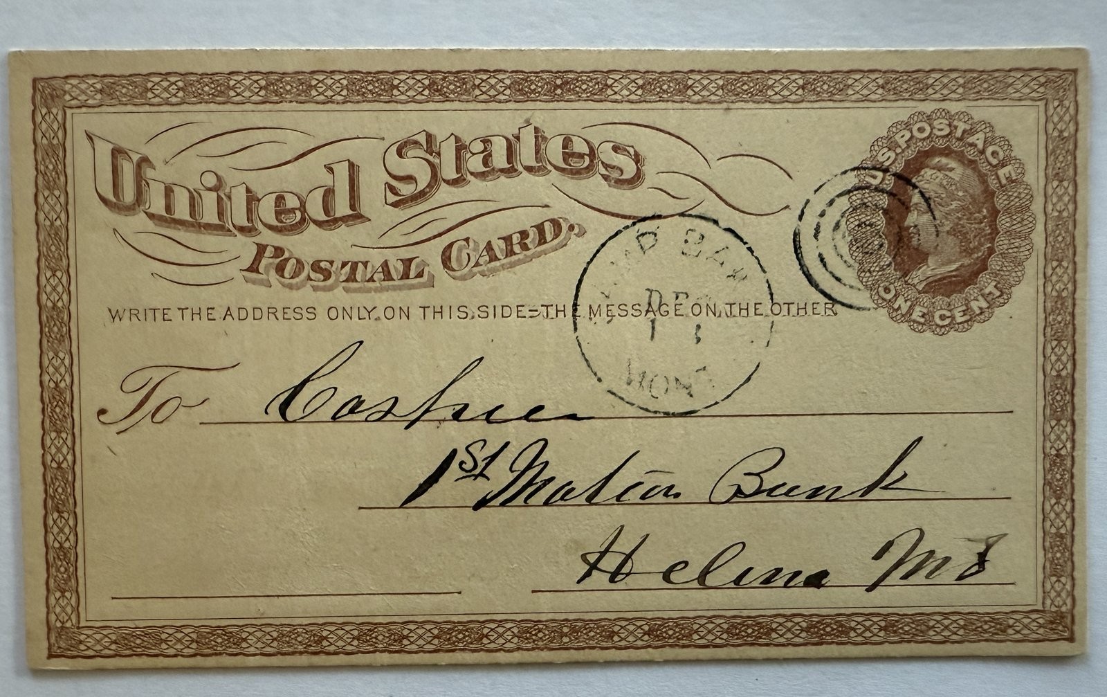 1870s Camp Baker Montana Terr Postal Card UX1 1c to First Natl Bank Helena GB98