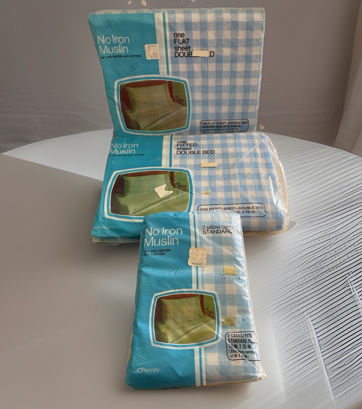 Vtg 60s 70s JC Penny's No Iron Muslin Double Bed Sheet Set Gingham Blue NOS