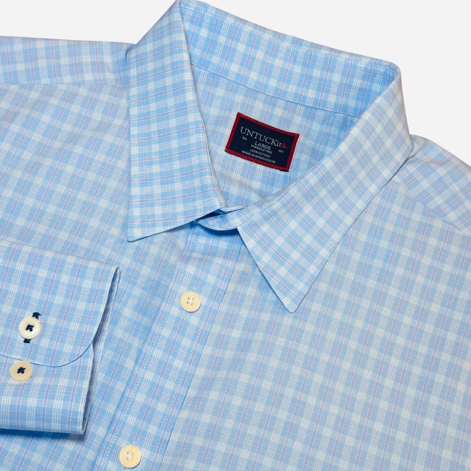 UNTUCKit Collalto Light Blue Plaid Wrinkle Free Shirt Mens L Long Sleeve Office