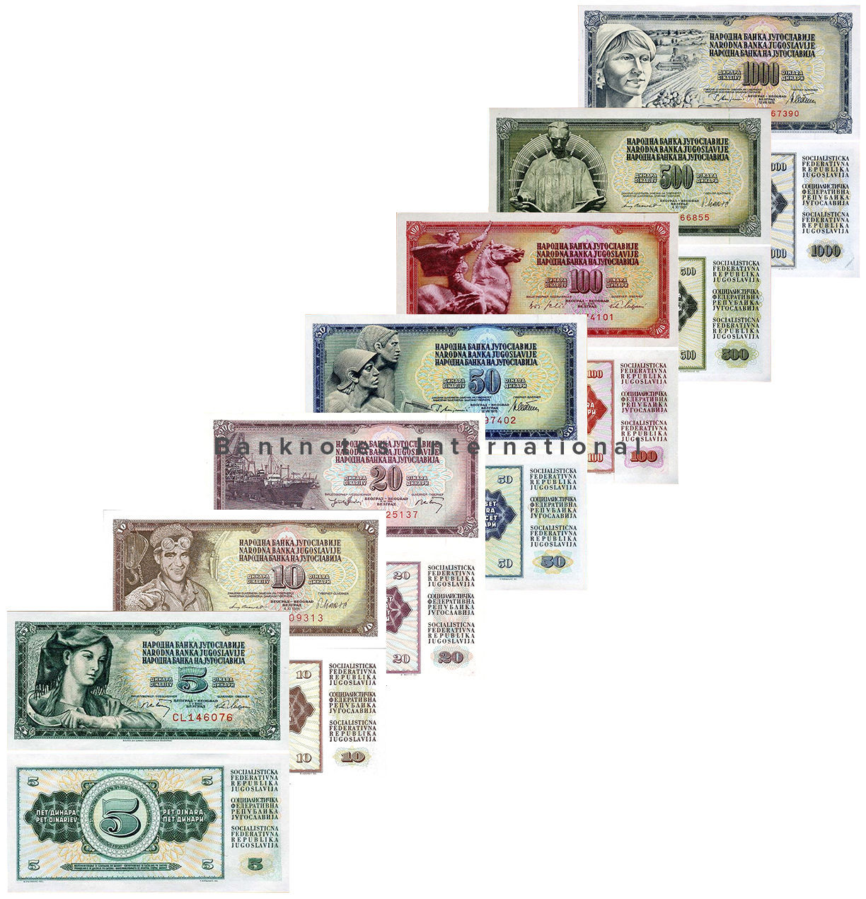 YUGOSLAVIA COMPLETE 7 NOTE SET 5 10 20 50 100 500 1000 DINARA 1968-86 UNC