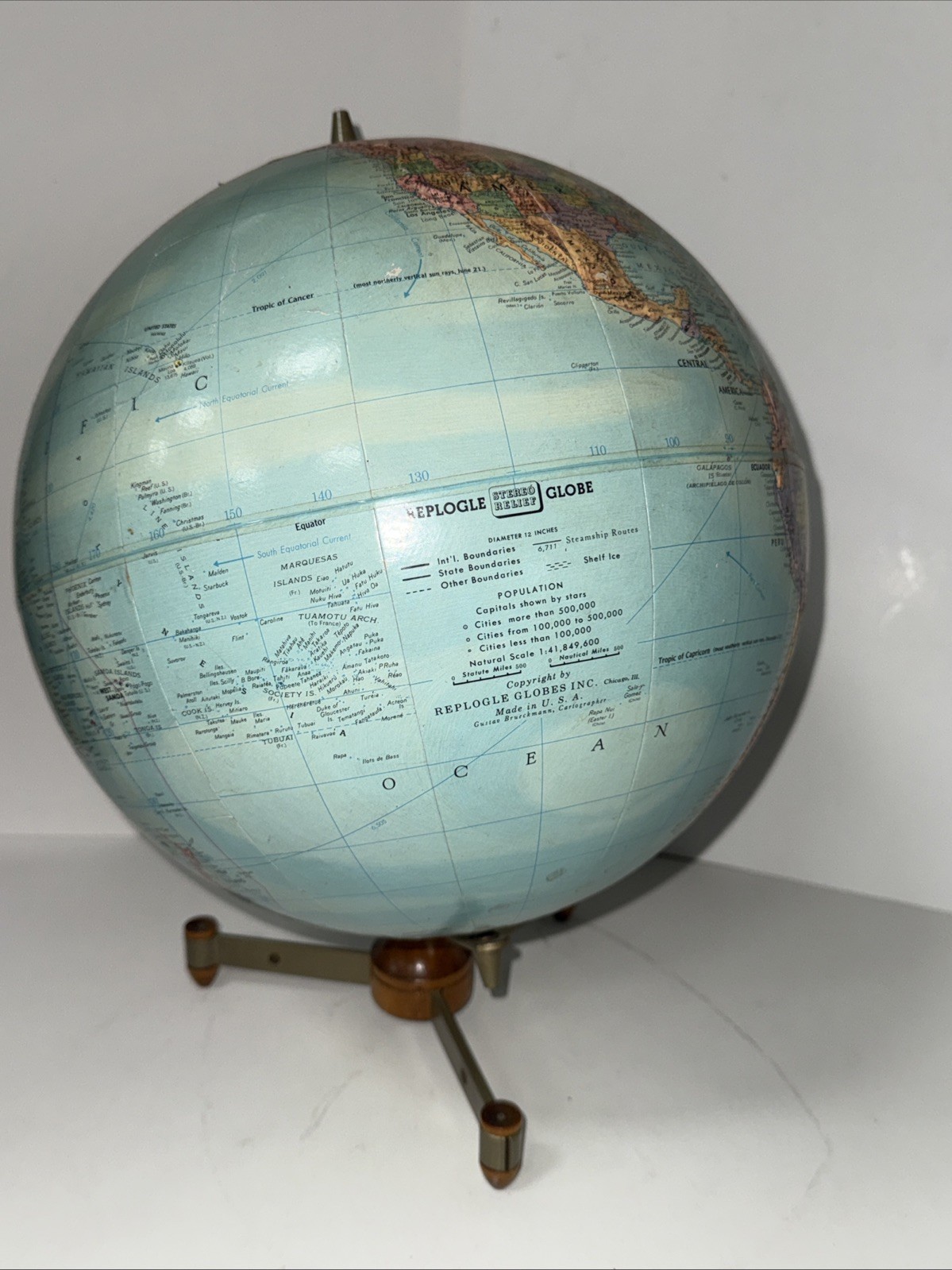 1960\'s REPLOGLE World STEREO RELIEF 12 Inch Raised Pedestal Globe Map w/ USSR