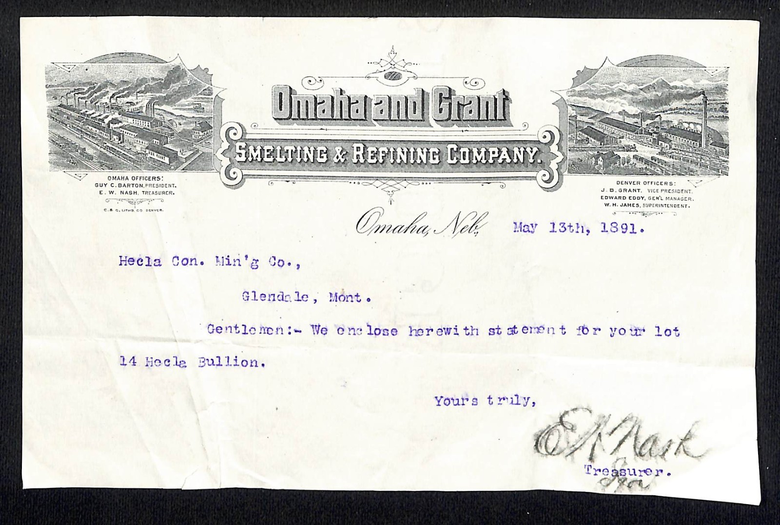 Omaha and Grant Smelting Refining Omaha, NE 1891 Mining Letterhead w/ Vignettes