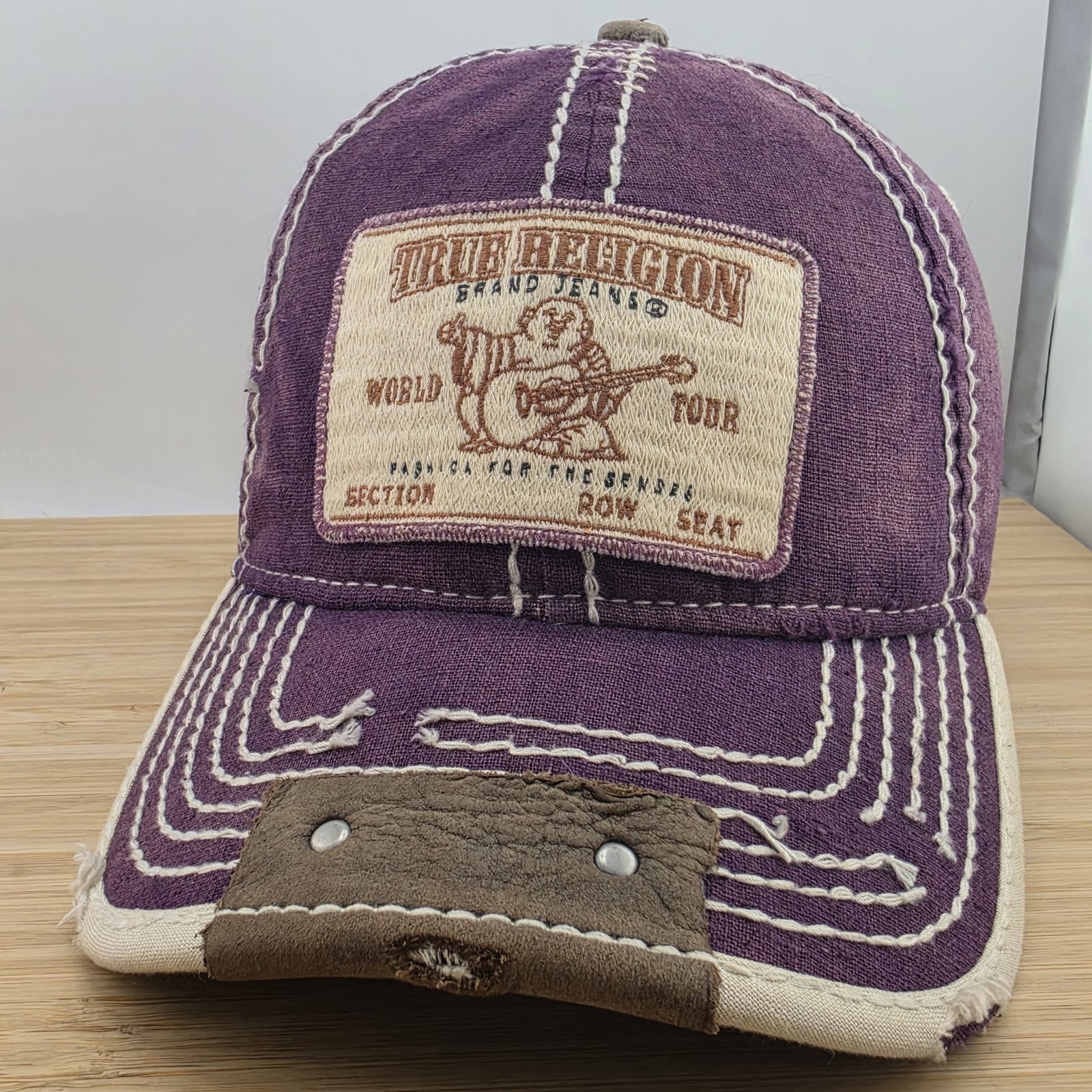 VTG True Religion Hat, Distressed Purple Patch Cap, Contrast Stitching Strapback VTG True Religion Hat, Distressed Purple Patch Cap, Contrast Stitching Strapback