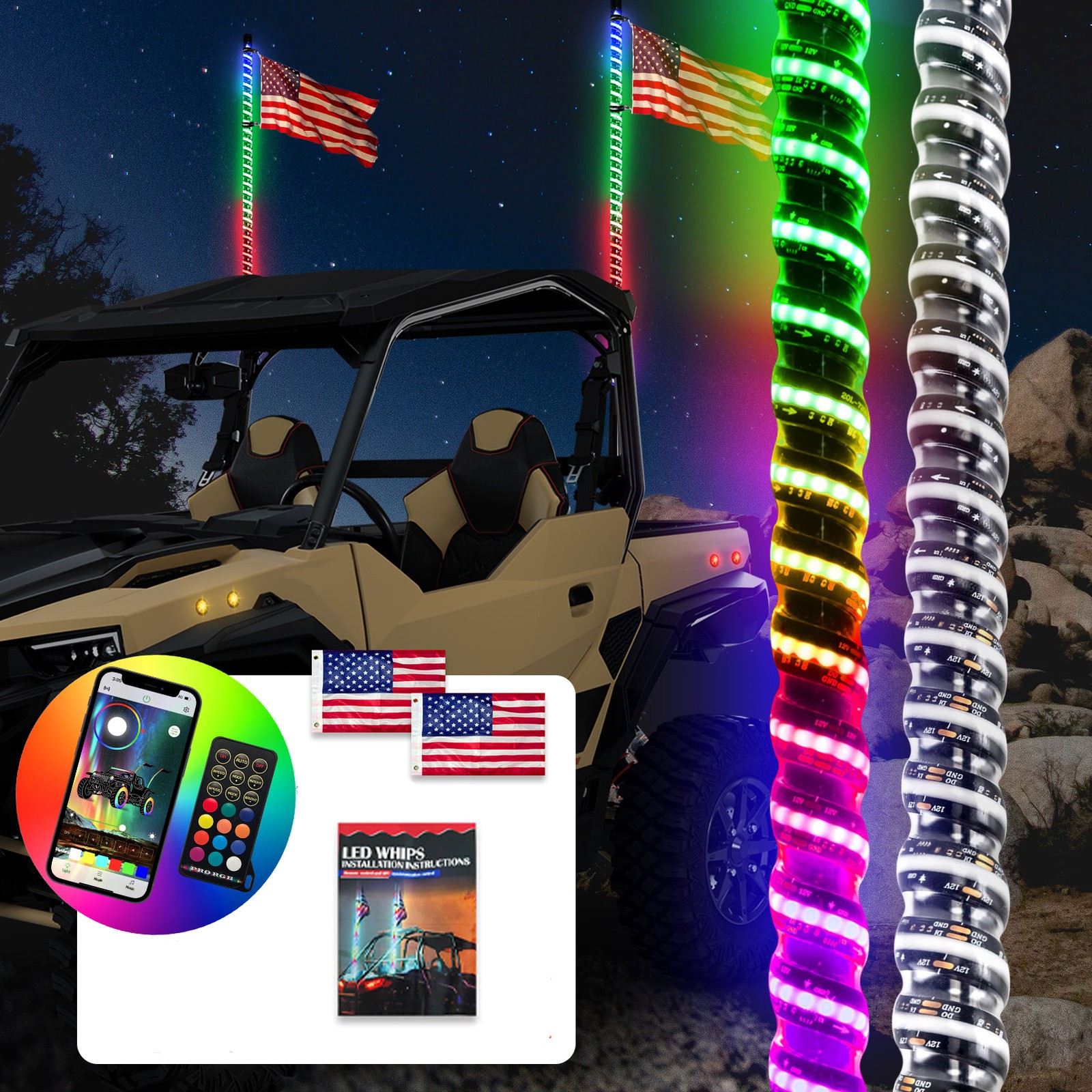 2X 3FT COB RGB LED Spiral Whip Light Chasing For Kawasaki Teryx KRX1000 ATV UTV