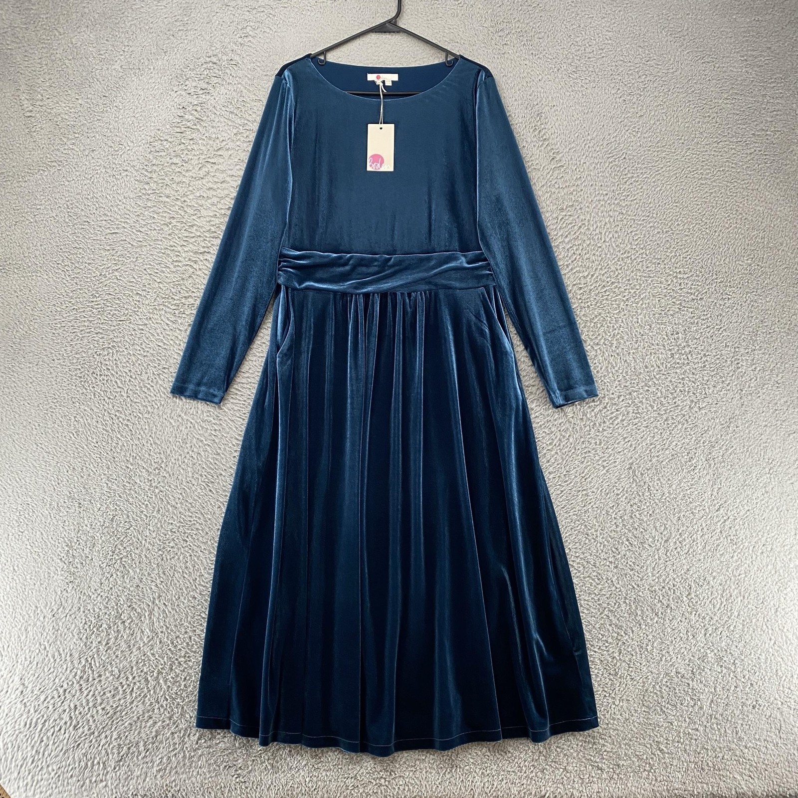 Boden Midi Dress Womens 14 Blue Velvet Fit Flare Long Sleeve Lois Wedding