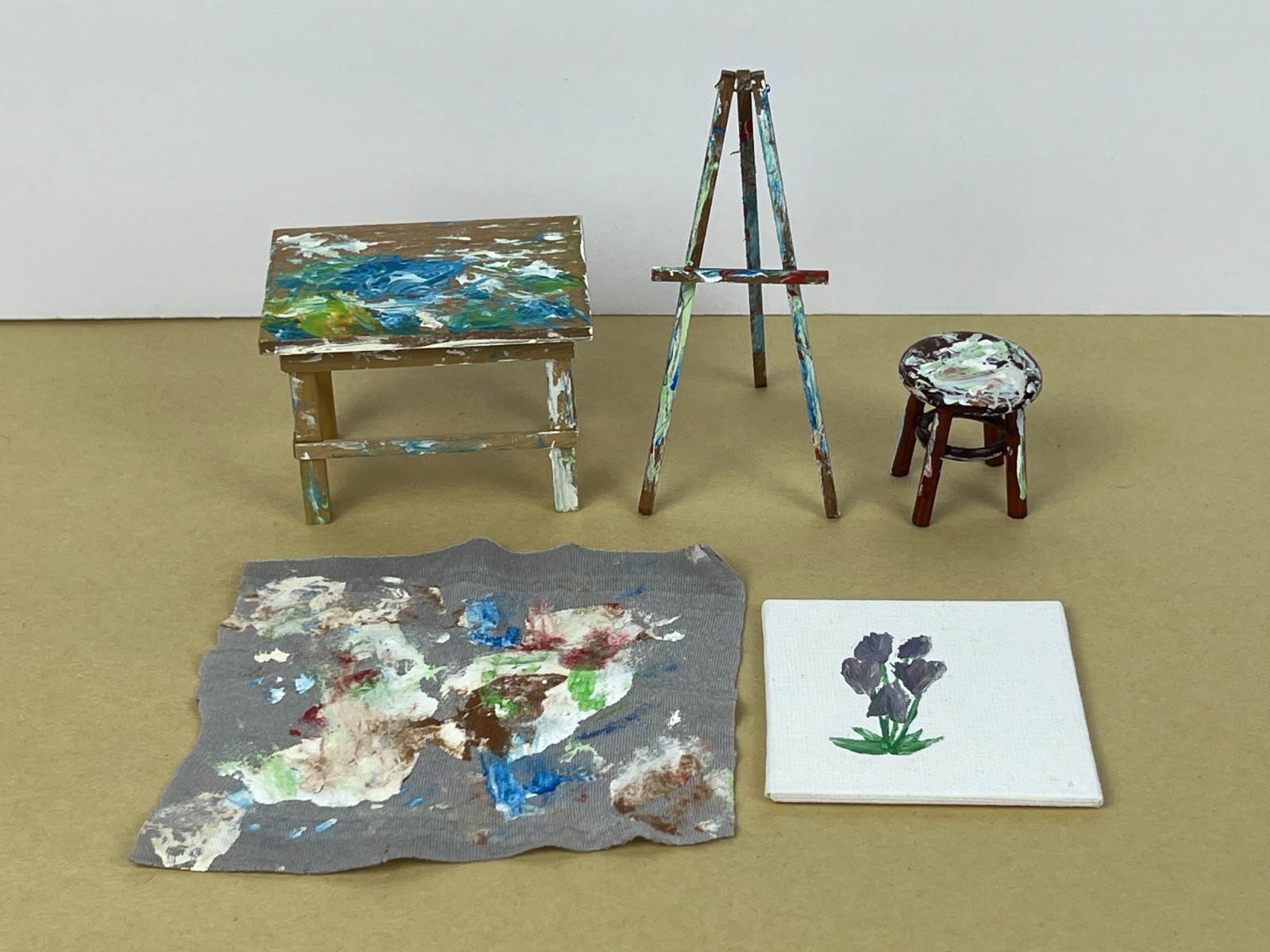 Dollhouse Miniature Messy Artist\'s Set: Easel, Table, Stool, Drop Cloth, Artisan