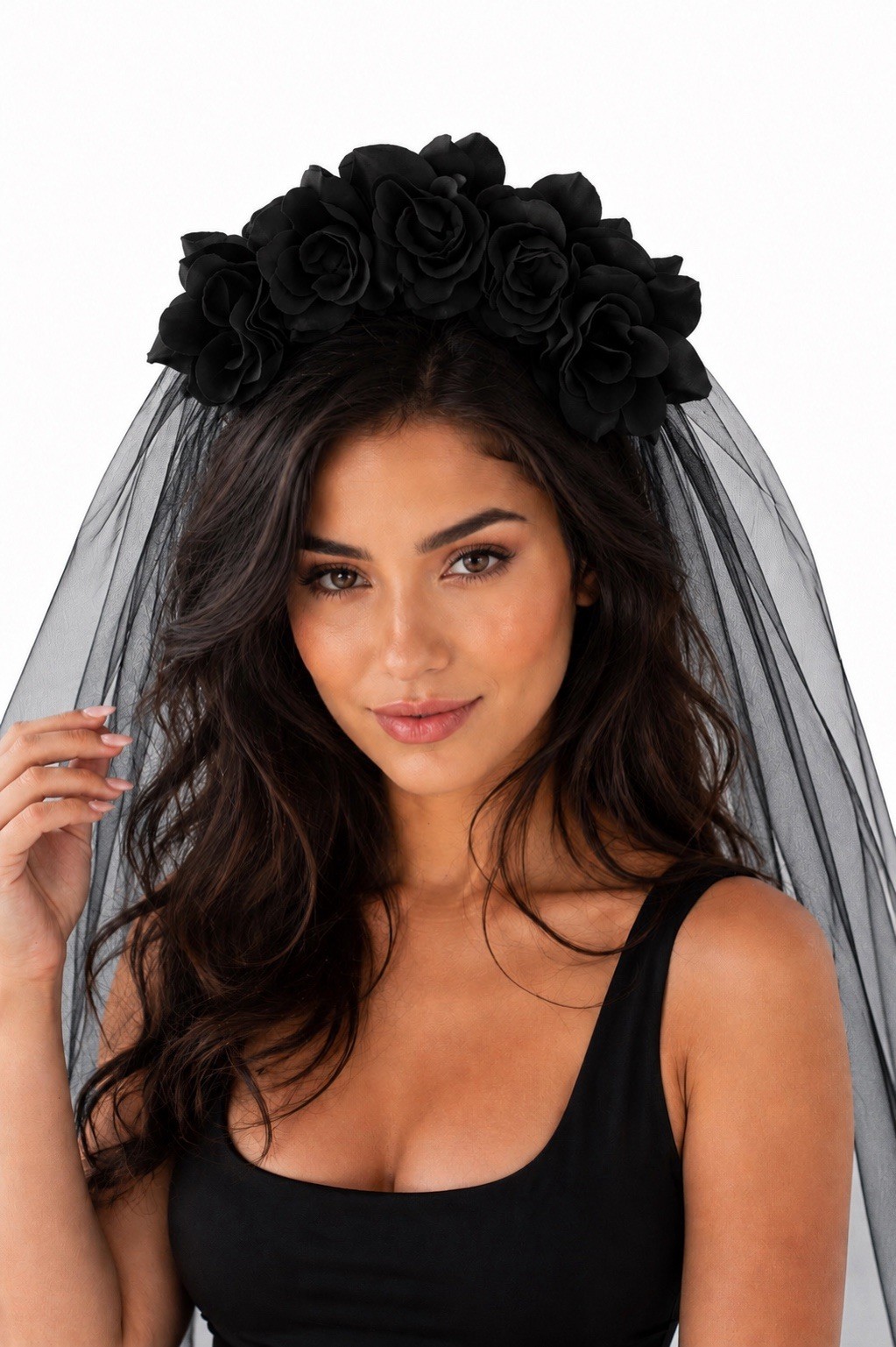 Black Rose Flower Crown with Black Veil Gothic Halloween Headpiece