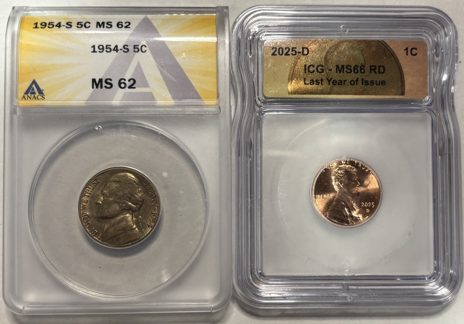 1954-S Jefferson Nickel ANACS MS62 + 2025-D Lincoln Cent ICG MS66 RD 2 Coin Lot
