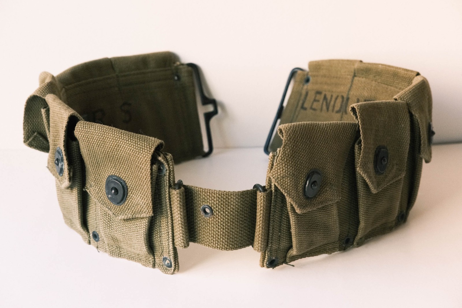 Original WWII US Army M1923 Cartridge Belt OD3 M1 Garand 10 Pocket Named Lenoue