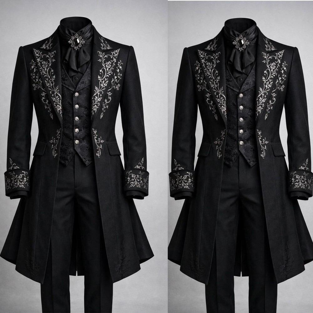 Victorian Gothic Men's Suits Long Tailcoat 3 Piece Applique Wedding Groom Party