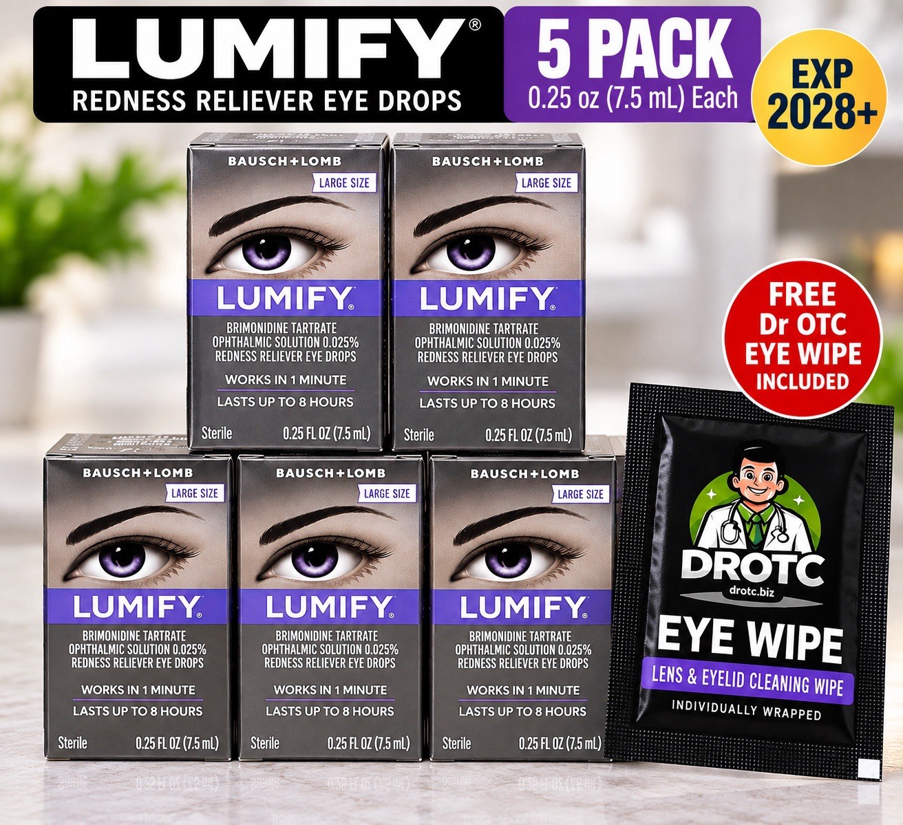 Lot of 5 Lumify Eye Drops 0.25oz Redness Reliever (Exp 28+ Sealed Free Eye Wipe Lot of 5 Lumify Eye Drops 0.25oz Redness Reliever (Exp 28+ Sealed Free Eye Wipe