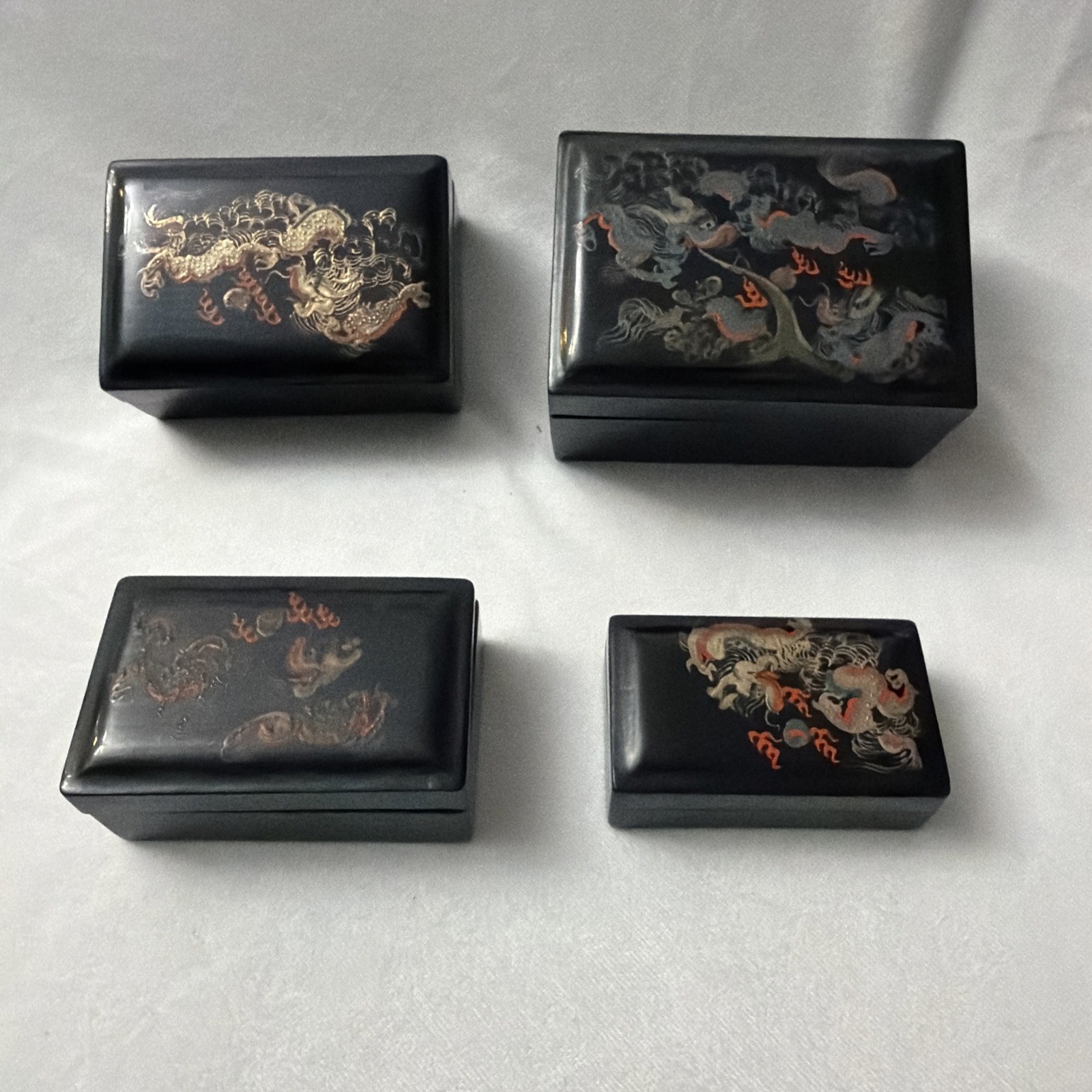 Antique Black Chinese Lacquerware Hand Painted Dragon Nesting (4)Boxes MC Antique Black Chinese Lacquerware Hand Painted Dragon Nesting (4)Boxes MC