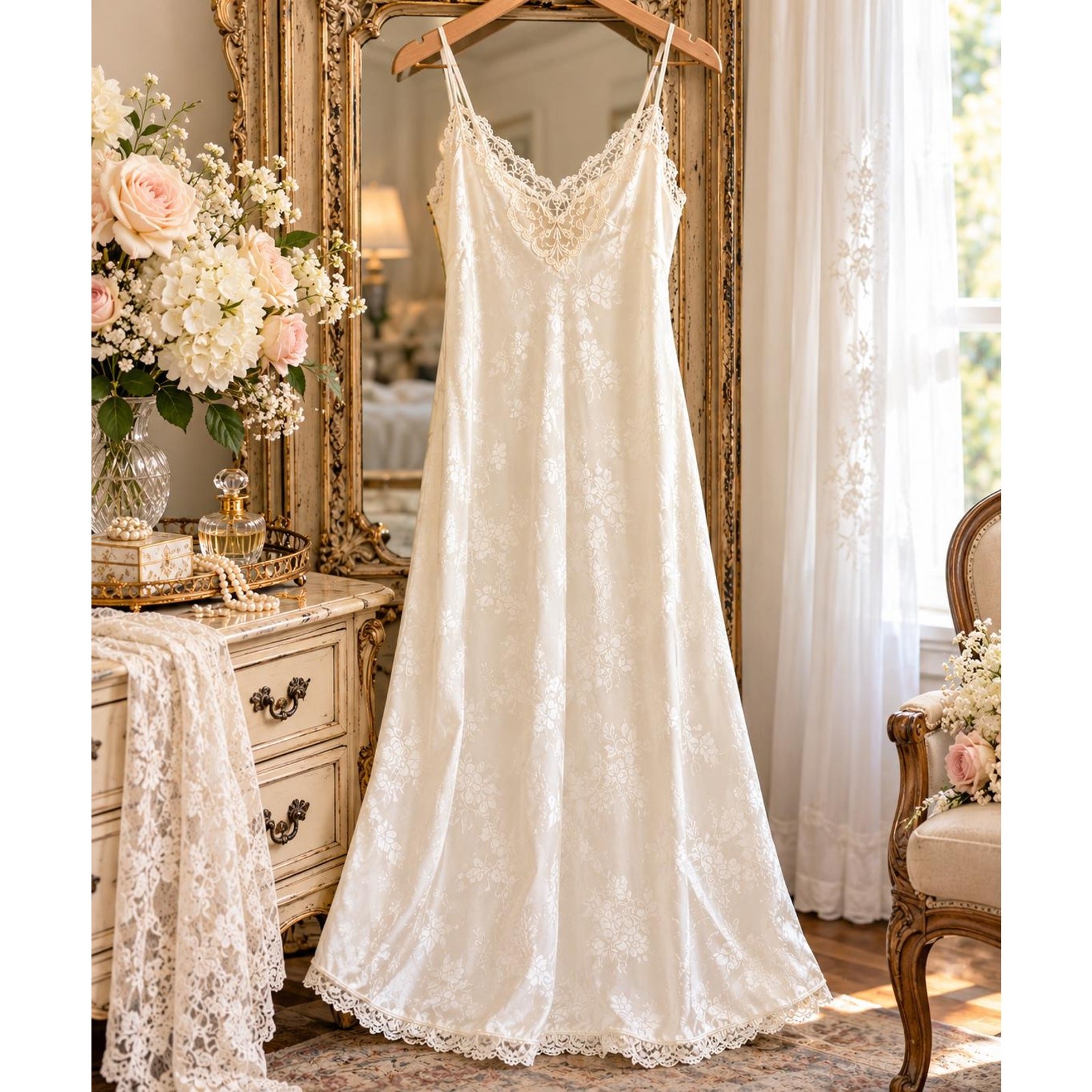 Vintage Carole Hochman Ivory Lace Nightgown, Floral Jacquard Slip (Size Small)