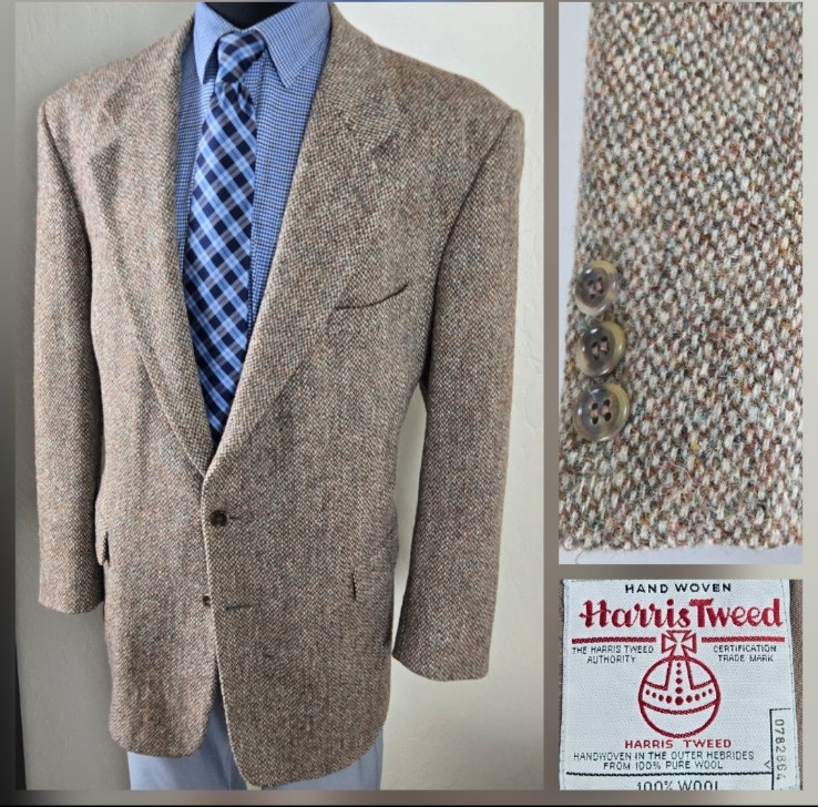 Vtg Harris Tweed Barleycorn Wool Blazer Mens 46R Sport Coat Buttonhole Jacket