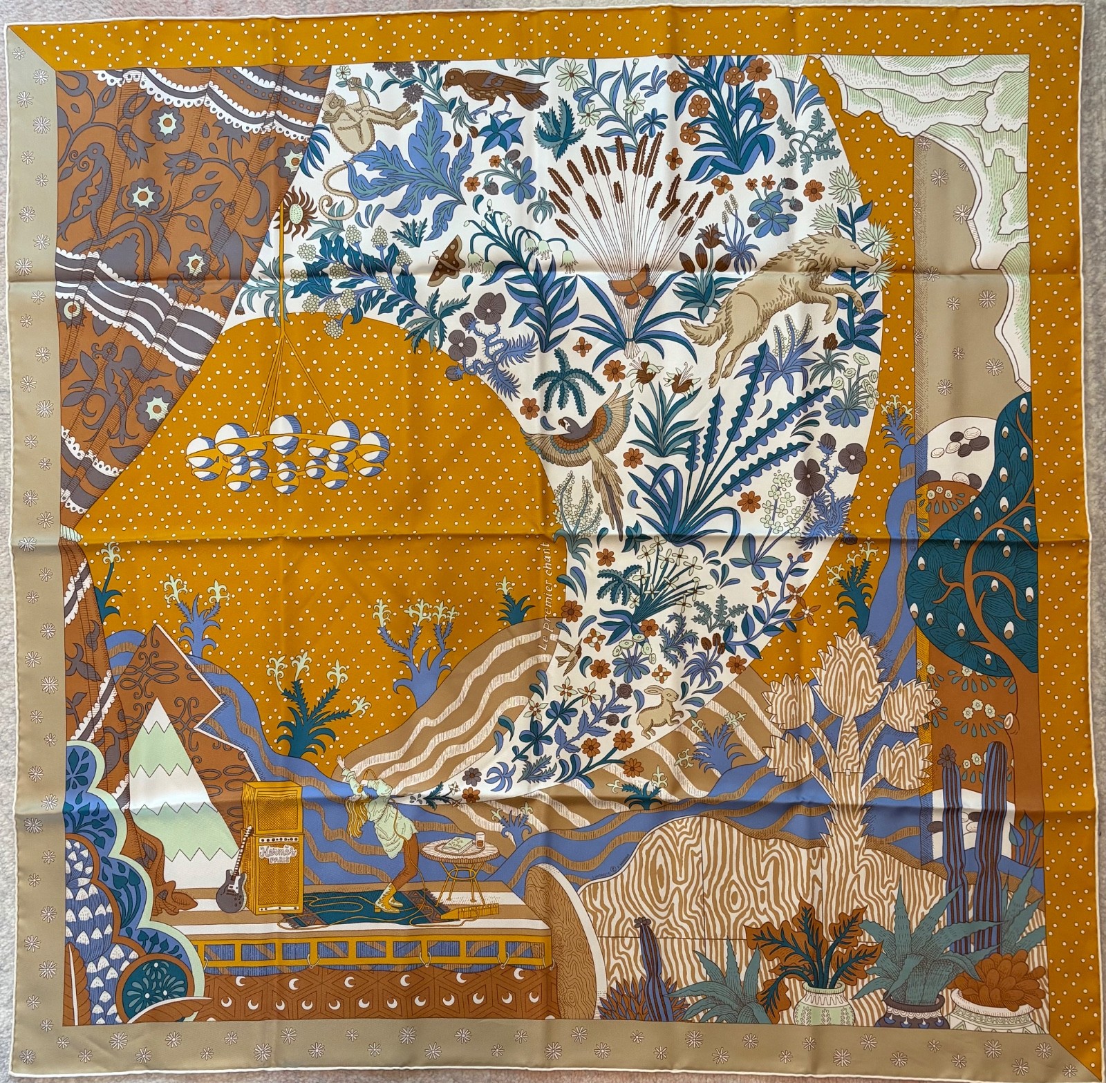 Hermes 90cm silk scarf Le Premier Chant orange teal Hermes 90cm silk scarf Le Premier Chant orange teal