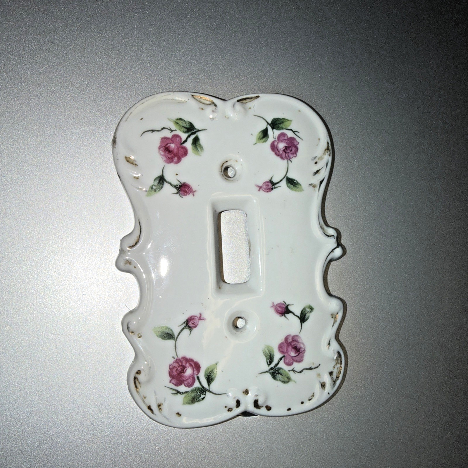 Vintage Hand Painted Porcelain Light Switch Plate Cover Floral Pink Roses Japan