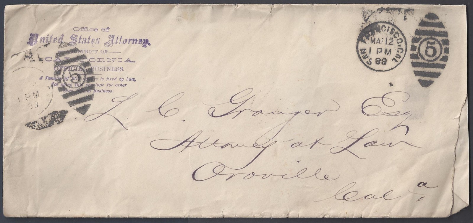 Us 1889 Official Stampless San Francisco Da District Cover To Oroville Cal