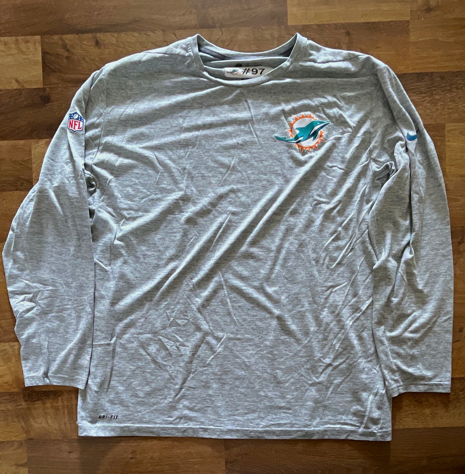 Nike Dri-FIT Miami Dolphins Gray Long Sleeve Shirt NFL 3XL XXXL #97 Nike Dri-FIT Miami Dolphins Gray Long Sleeve Shirt NFL 3XL XXXL #97
