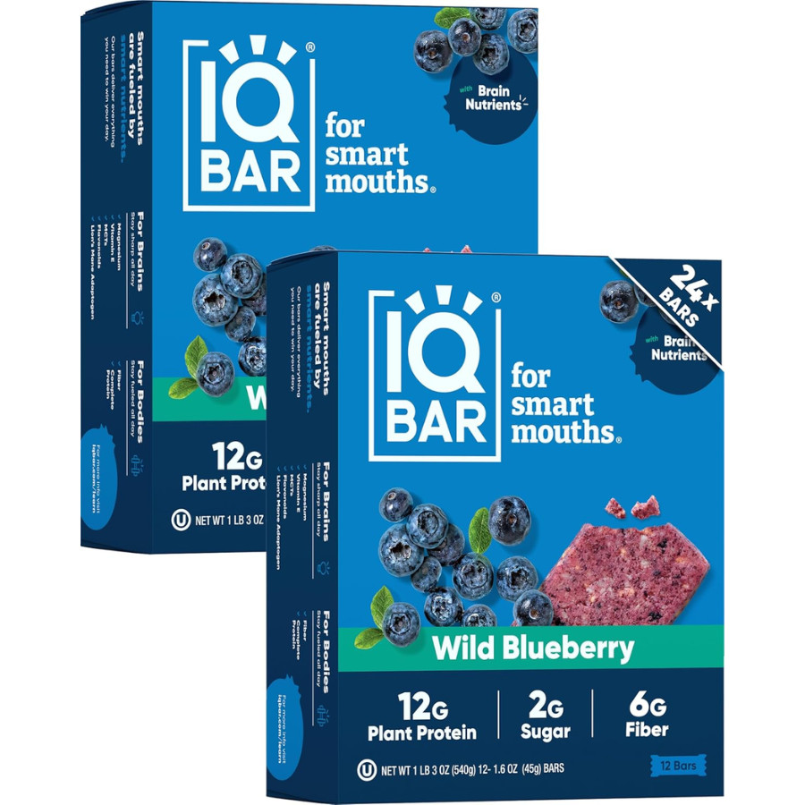 IQBAR Clean Protein Bars - Vegan, Low Sugar Snack, Wild Blueberry, 24 Count