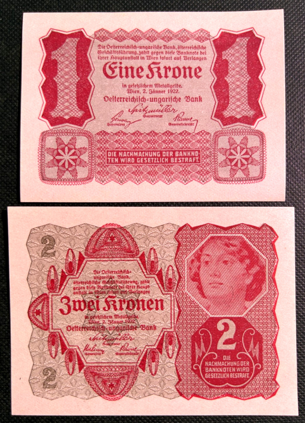 AUSTRIA 1922  1 KRONE AND 2 KRONEN  GRADE  UNC  P-73 P-74  UNIFACE 