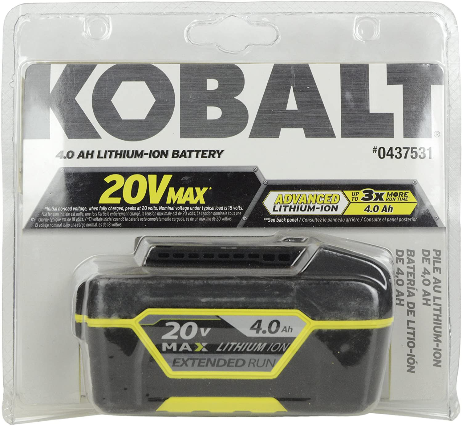 KOBALT #0437531 20V MAX LITHIUM-ION 4.0Ah up to 3X RUN BATTERY KOBALT #0437531 20V MAX LITHIUM-ION 4.0Ah up to 3X RUN BATTERY