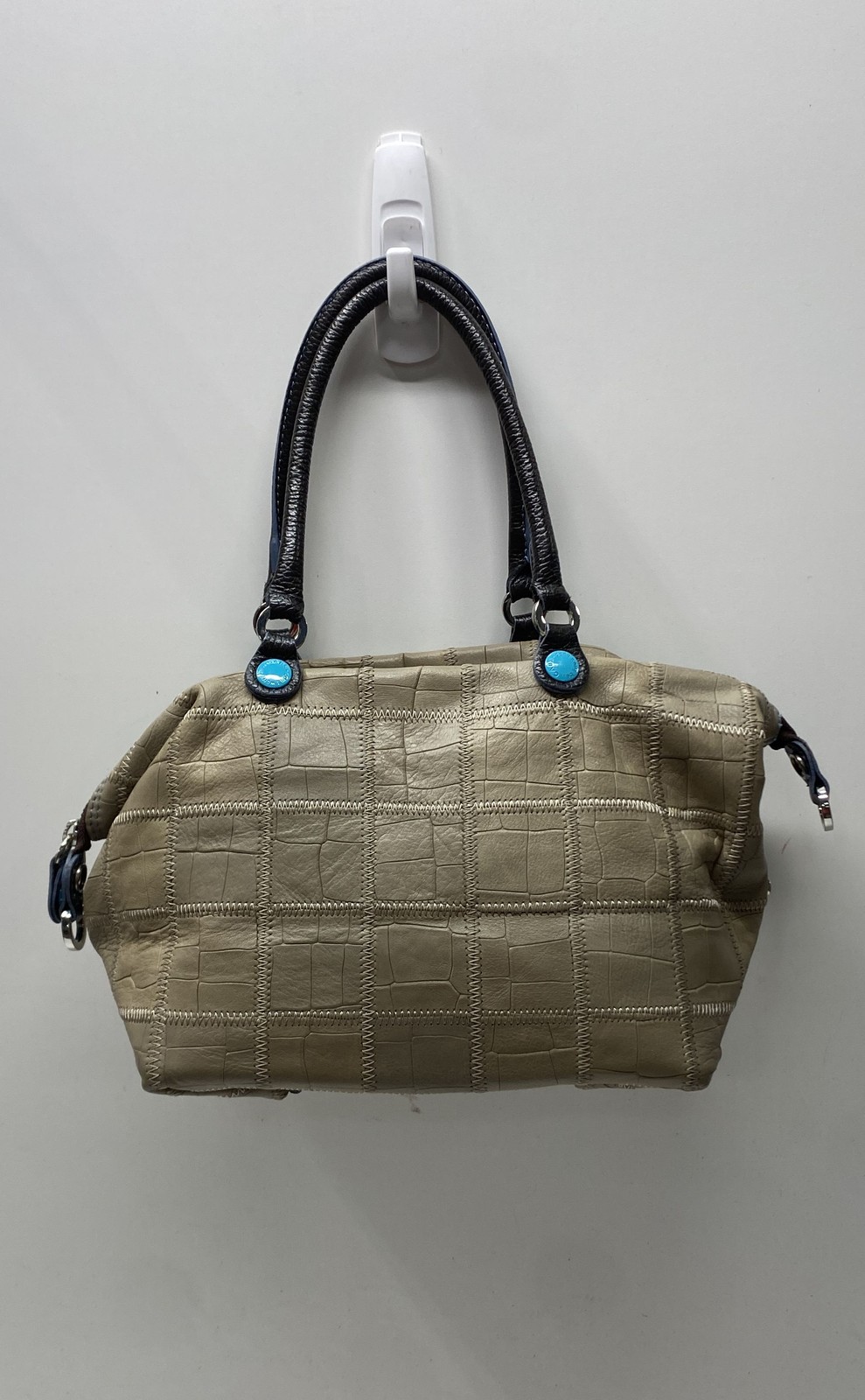 Gabs Firenze Italy Tan Croc Embossed Leather Satchel Tote Bag Turquoise Accents